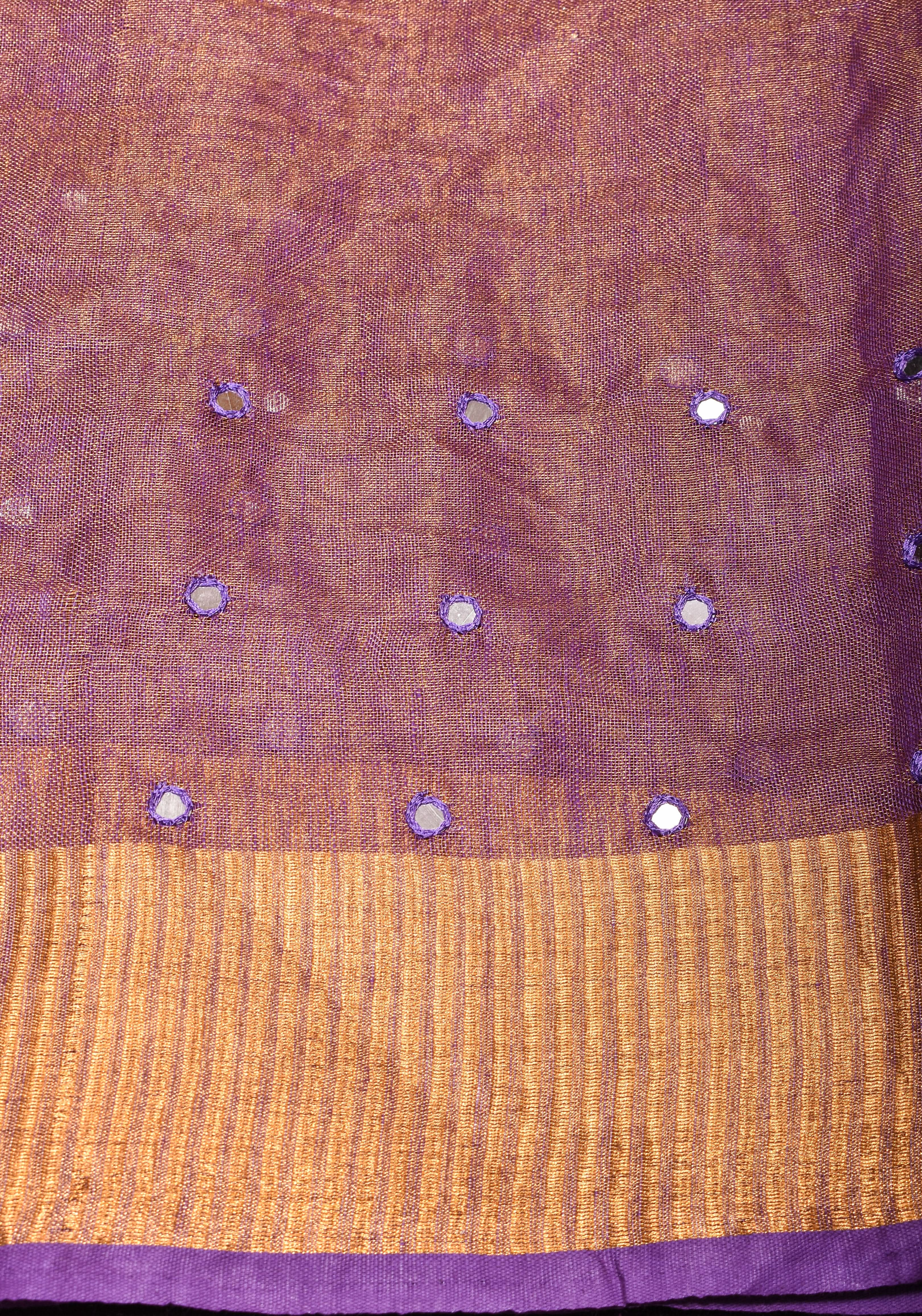 Cutwork and Mirror Work Tissue Linen Saree in Lavender Gold with Zari Border | Shobitam