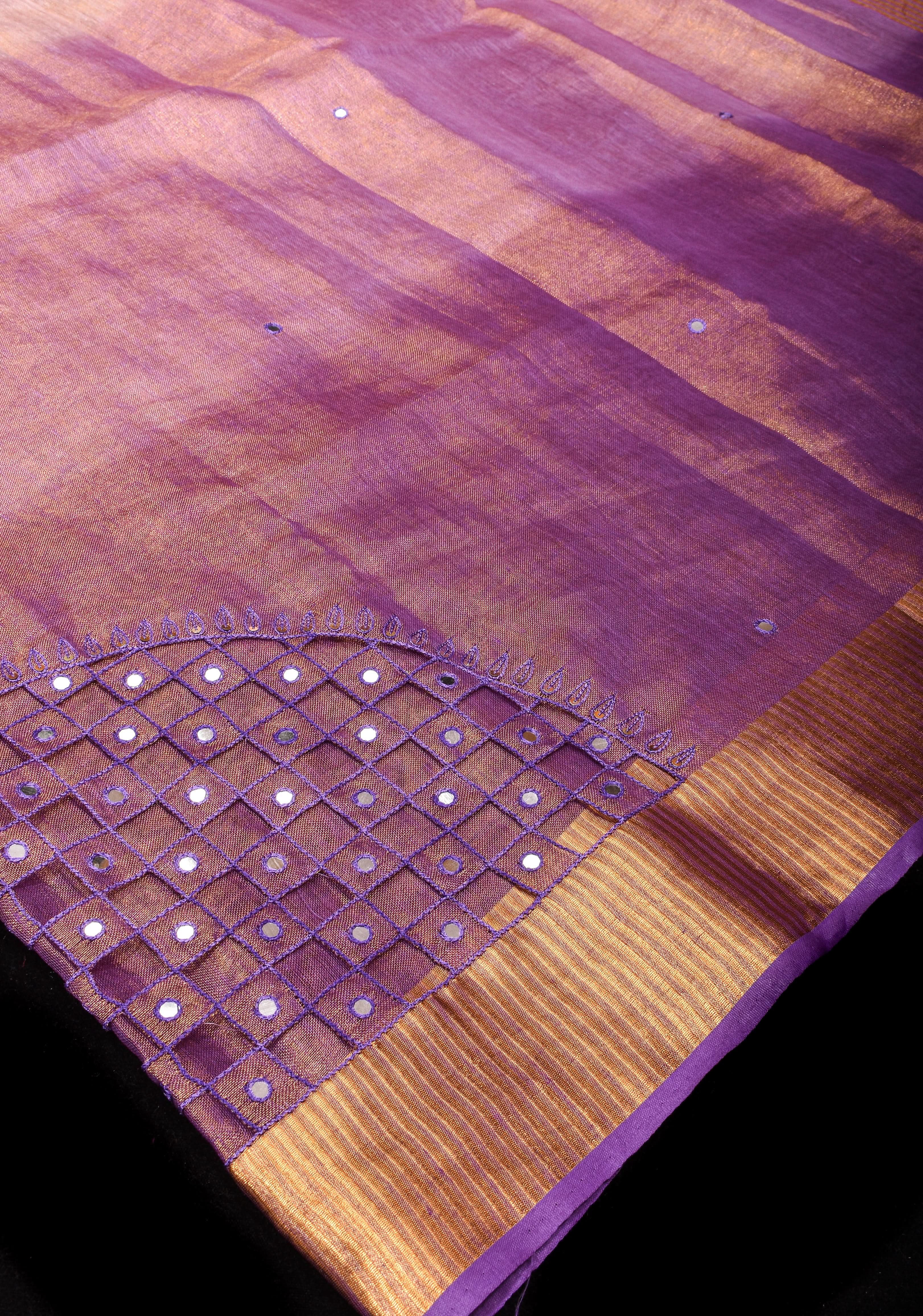 Cutwork and Mirror Work Tissue Linen Saree in Lavender Gold with Zari Border | Shobitam