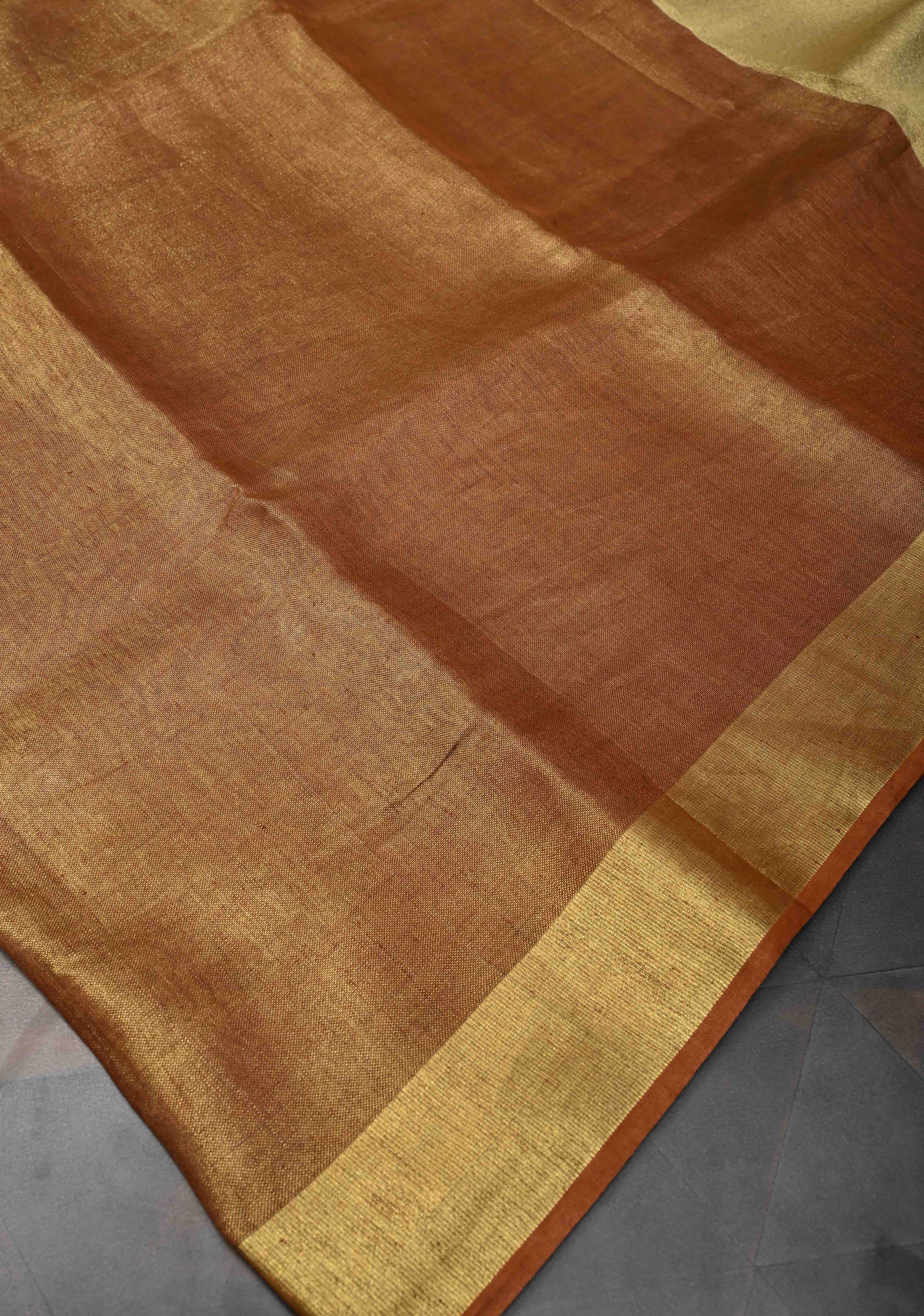 Tan Gold Tissue Linen Saree | Shobitam Saree