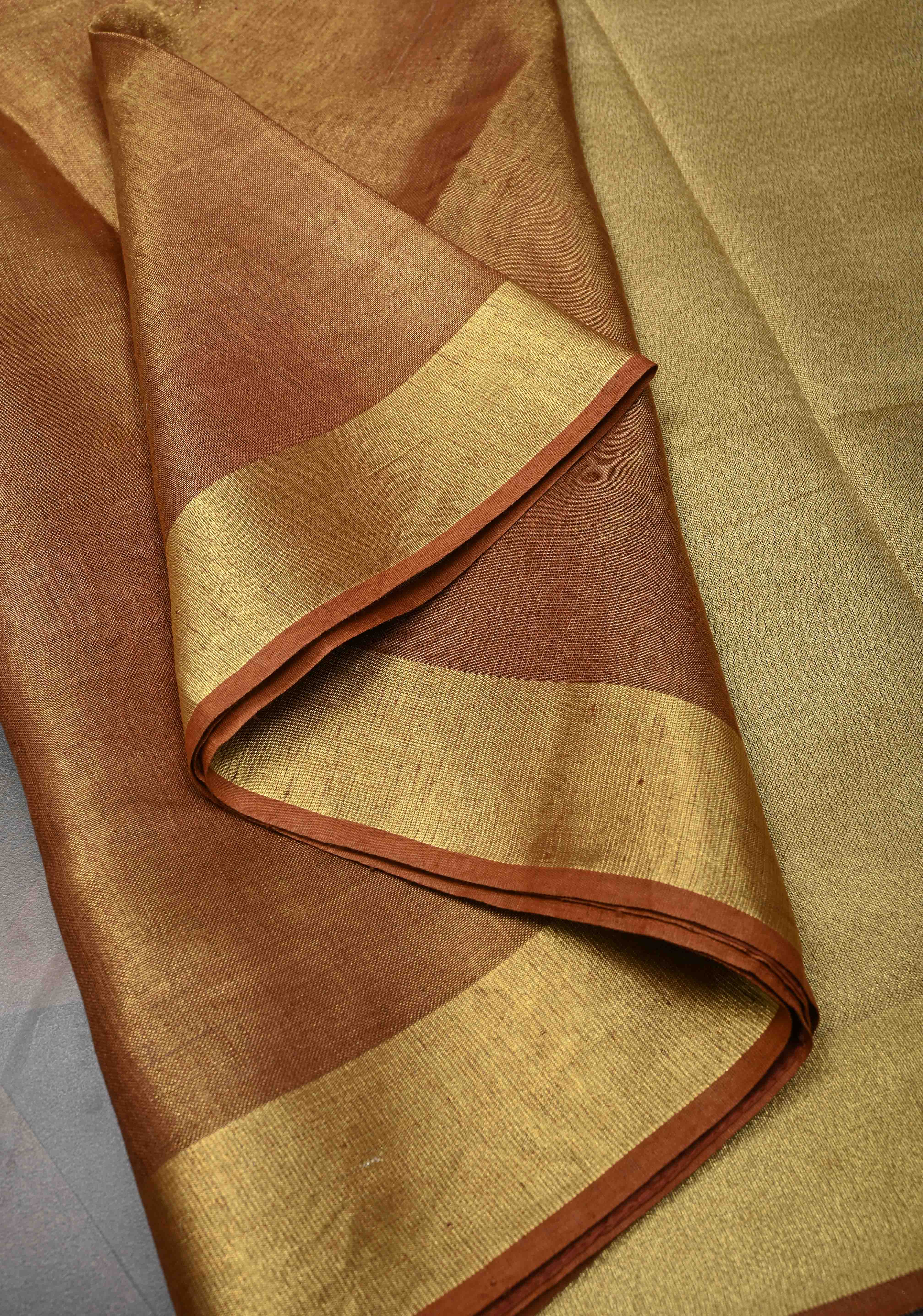 Tan Gold Tissue Linen Saree | Shobitam Saree