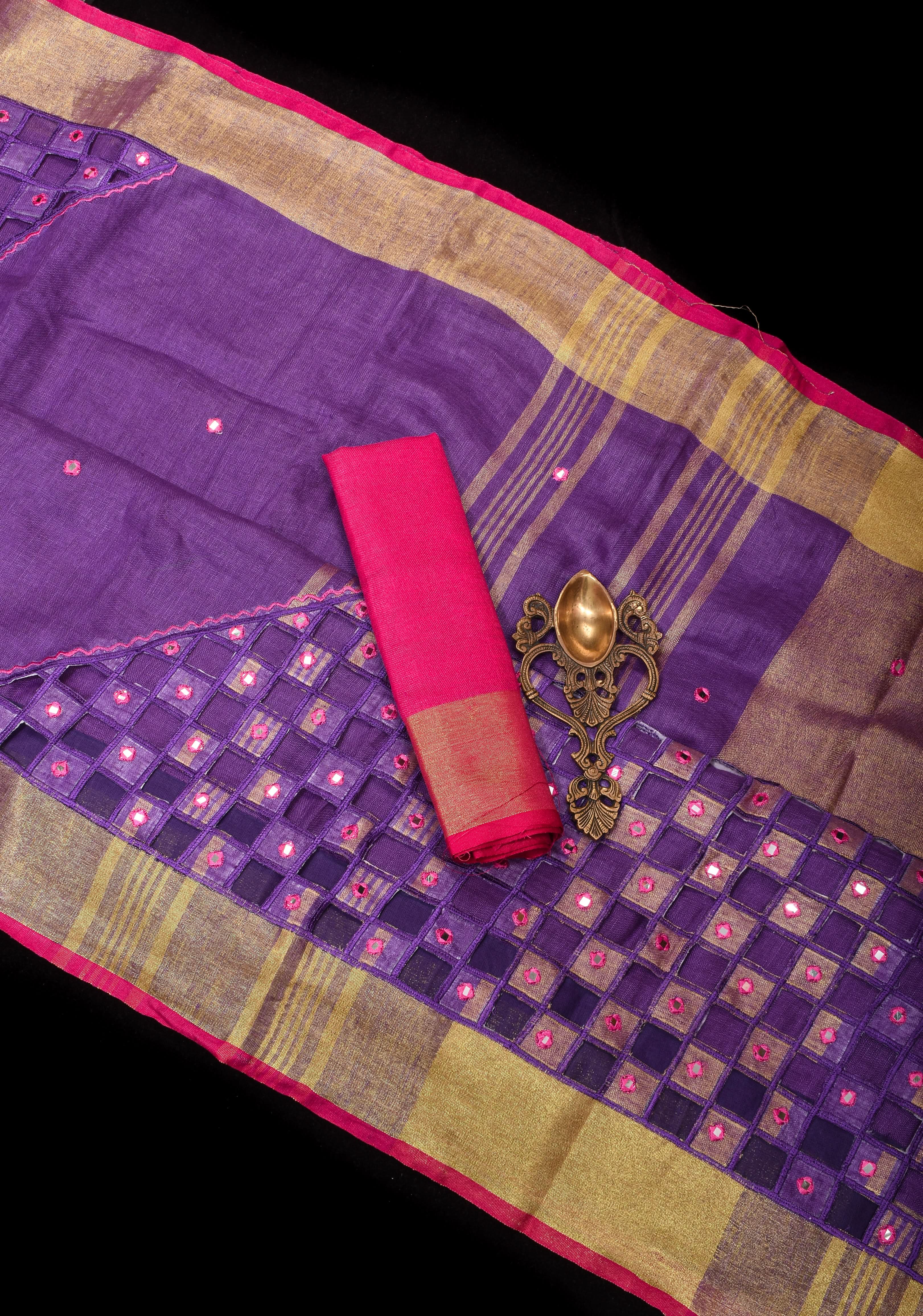 Jaali Pallu - Linen by Linen Cutwork with Pink embroidery and Mirror work Saree in Purple | Shobitam