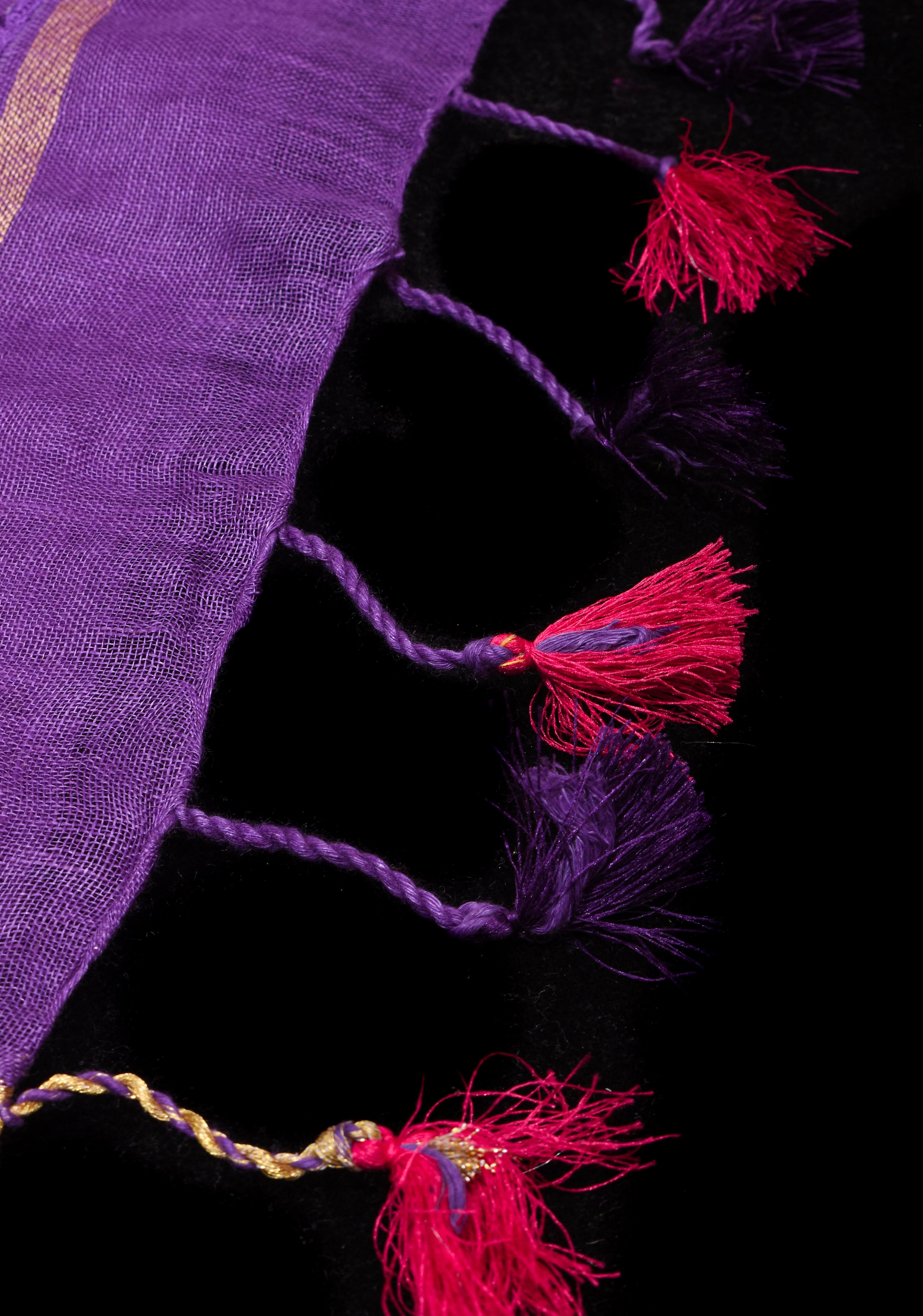 Jaali Pallu - Linen by Linen Cutwork with Pink embroidery and Mirror work Saree in Purple | Shobitam