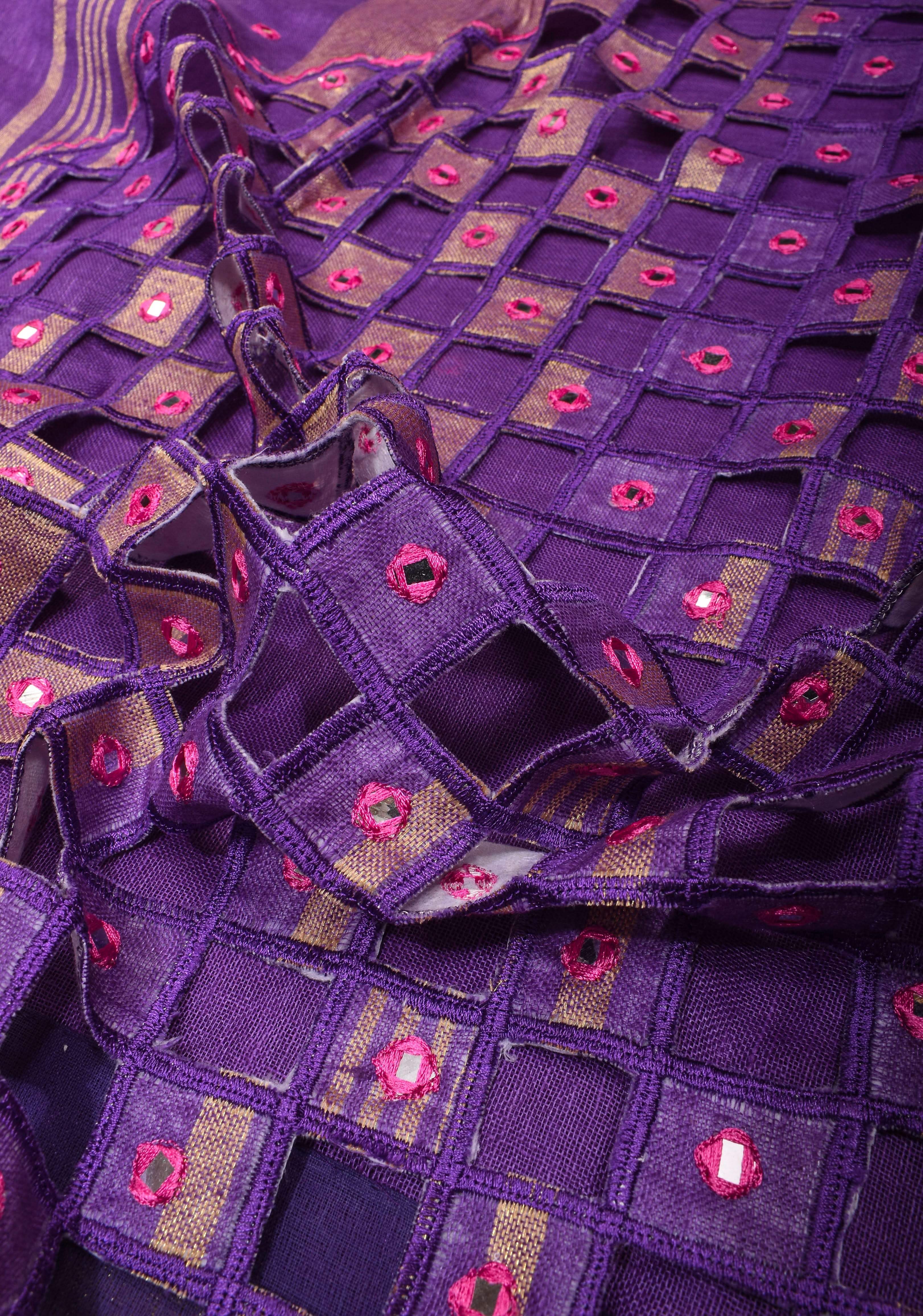 Jaali Pallu - Linen by Linen Cutwork with Pink embroidery and Mirror work Saree in Purple | Shobitam