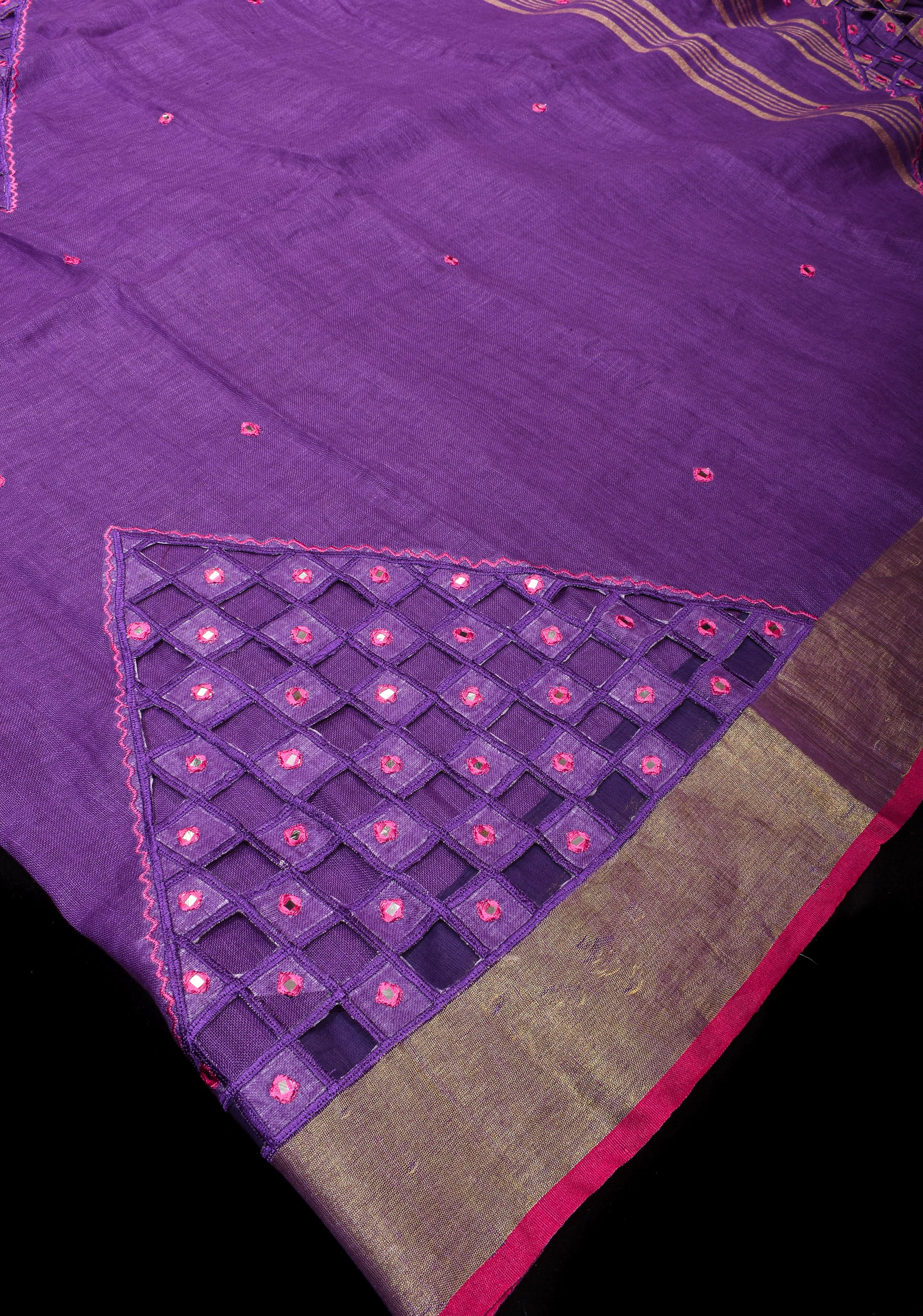 Jaali Pallu - Linen by Linen Cutwork with Pink embroidery and Mirror work Saree in Purple | Shobitam