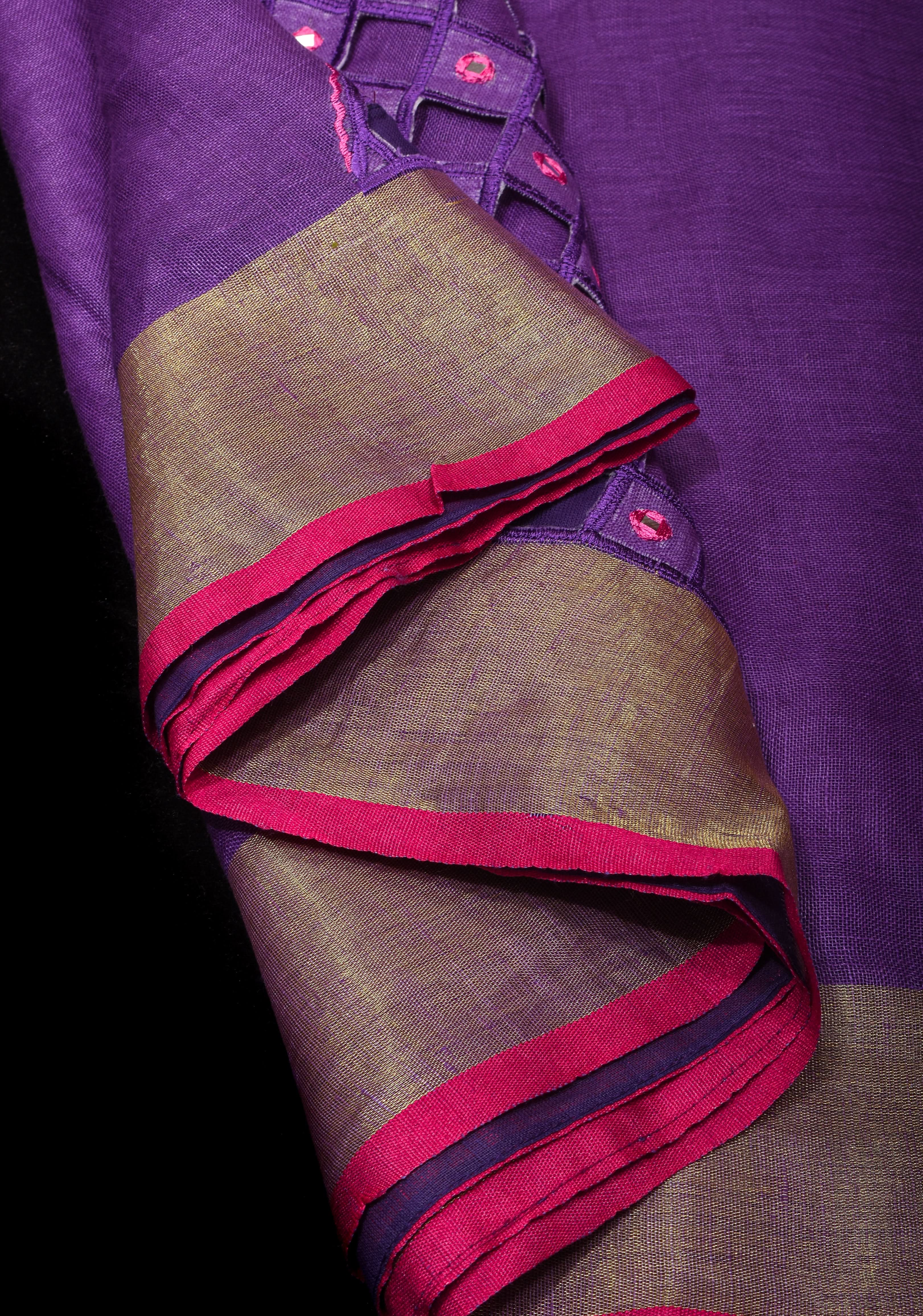Jaali Pallu - Linen by Linen Cutwork with Pink embroidery and Mirror work Saree in Purple | Shobitam