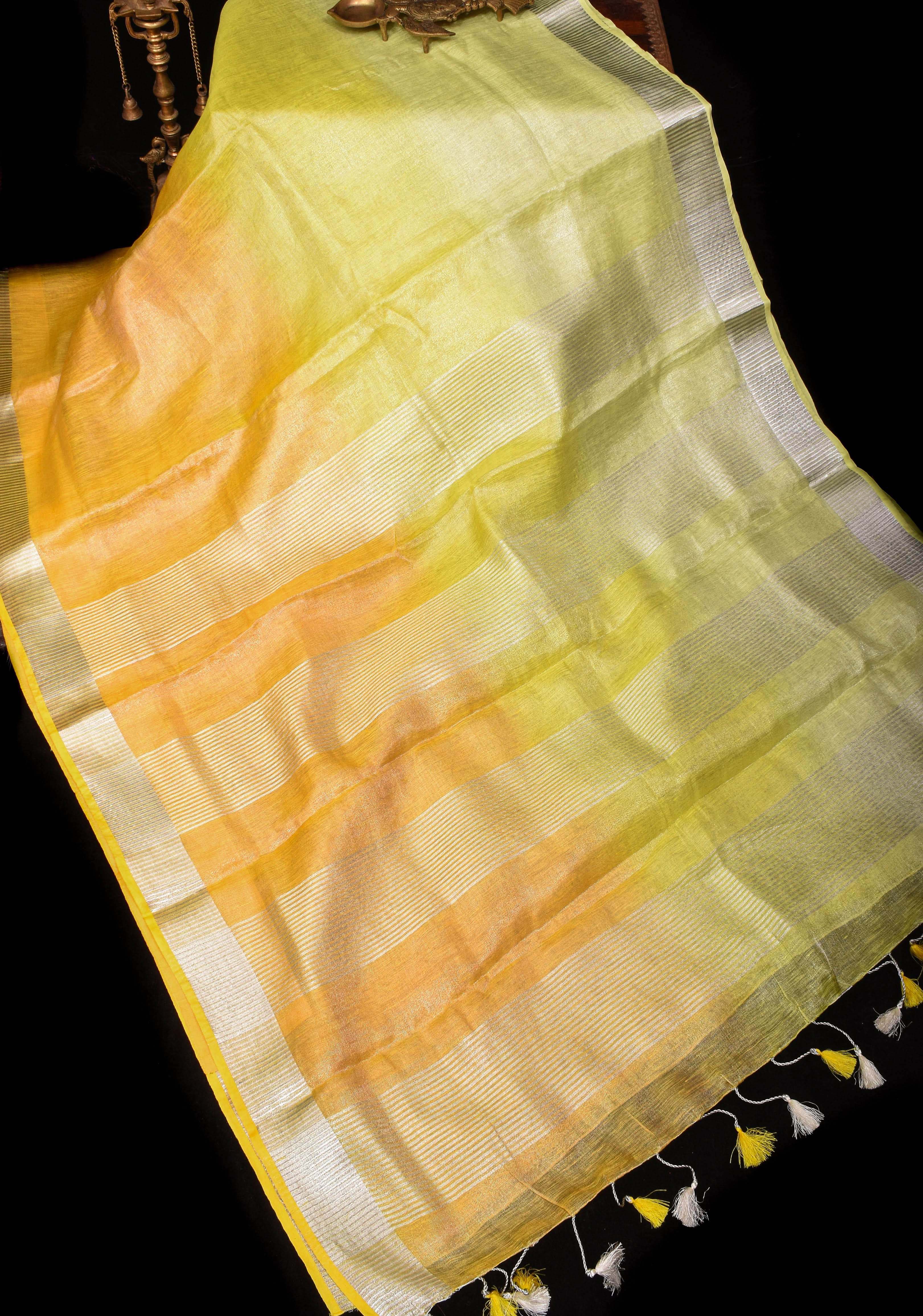 XL Saree - Yellow Ombre Silver Tissue Linen Saree with Silver Ribbed Borders | Shobitam