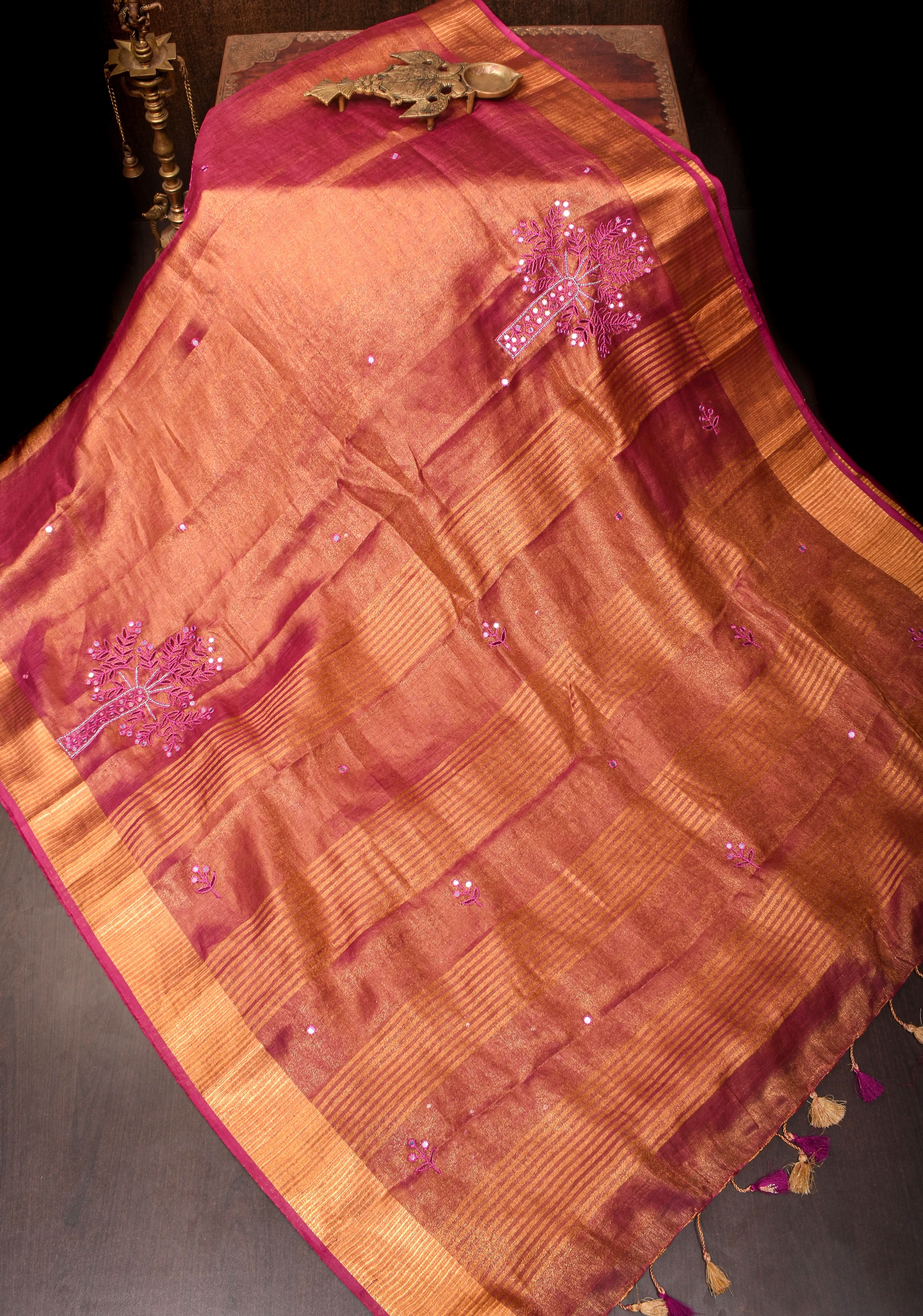 Tree Cutwork and Mirror Work Tissue Linen Saree in Magenta with pretty tassels | Shobitam