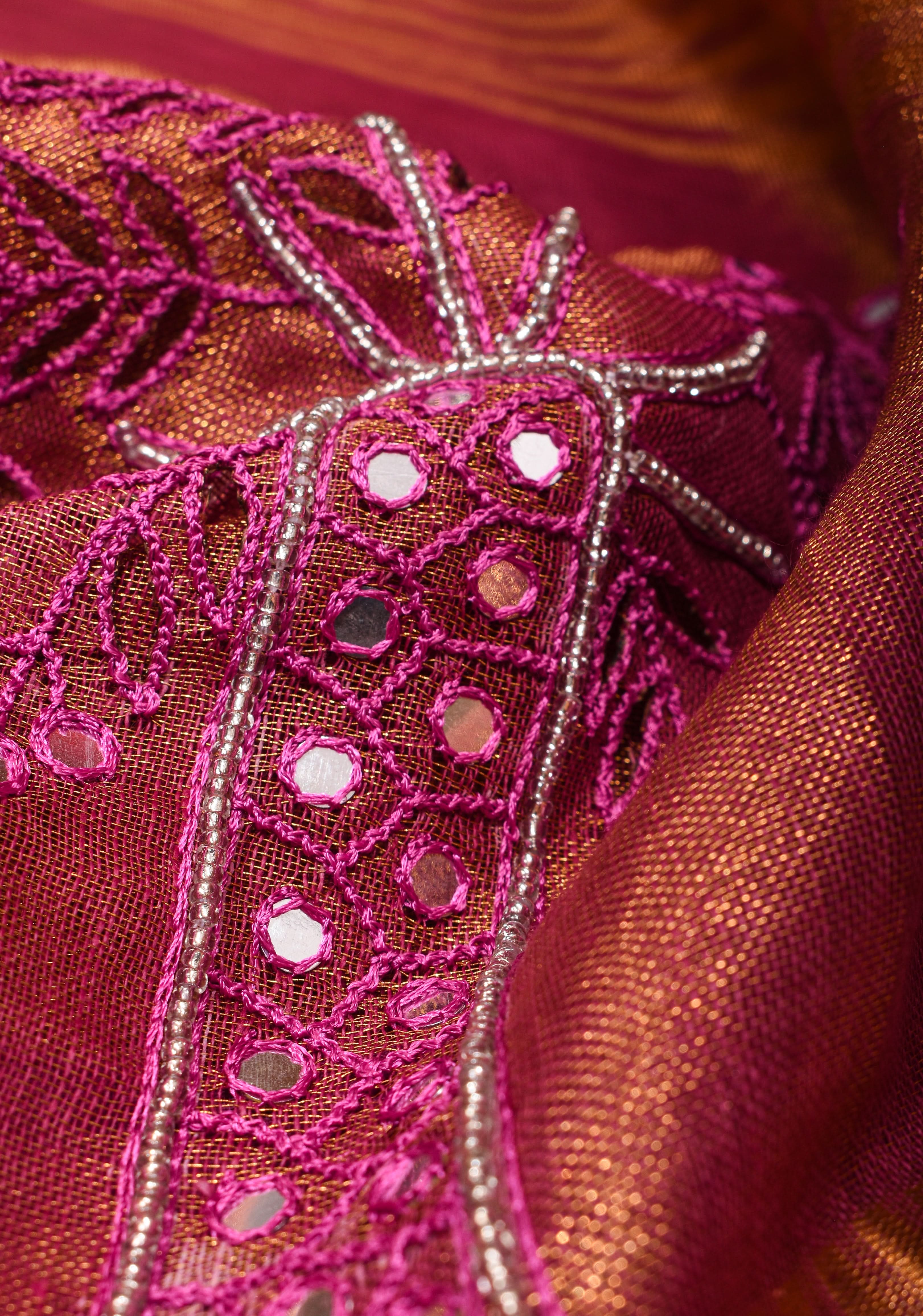 Tree Cutwork and Mirror Work Tissue Linen Saree in Magenta with pretty tassels | Shobitam