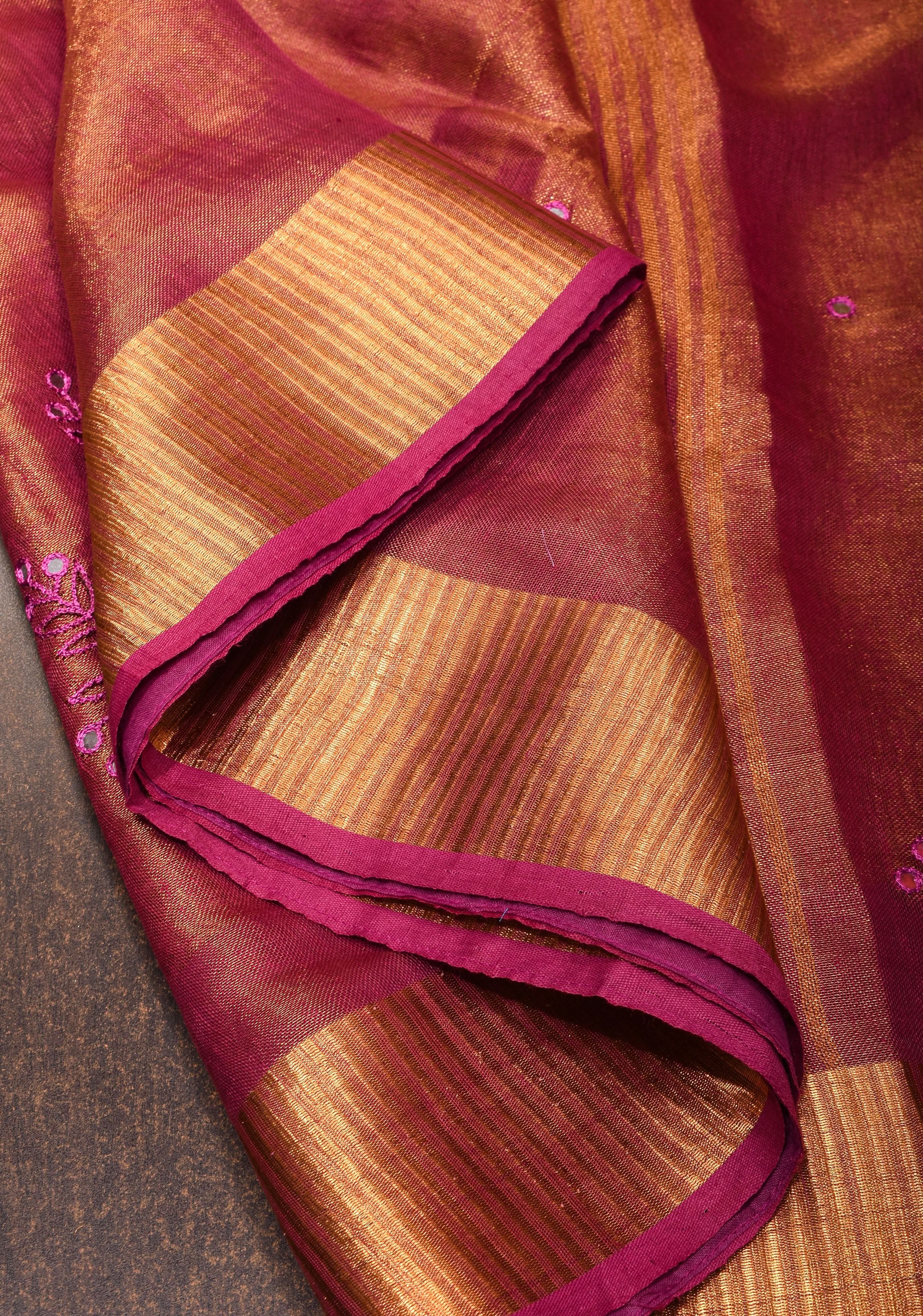 Tree Cutwork and Mirror Work Tissue Linen Saree in Magenta with pretty tassels | Shobitam