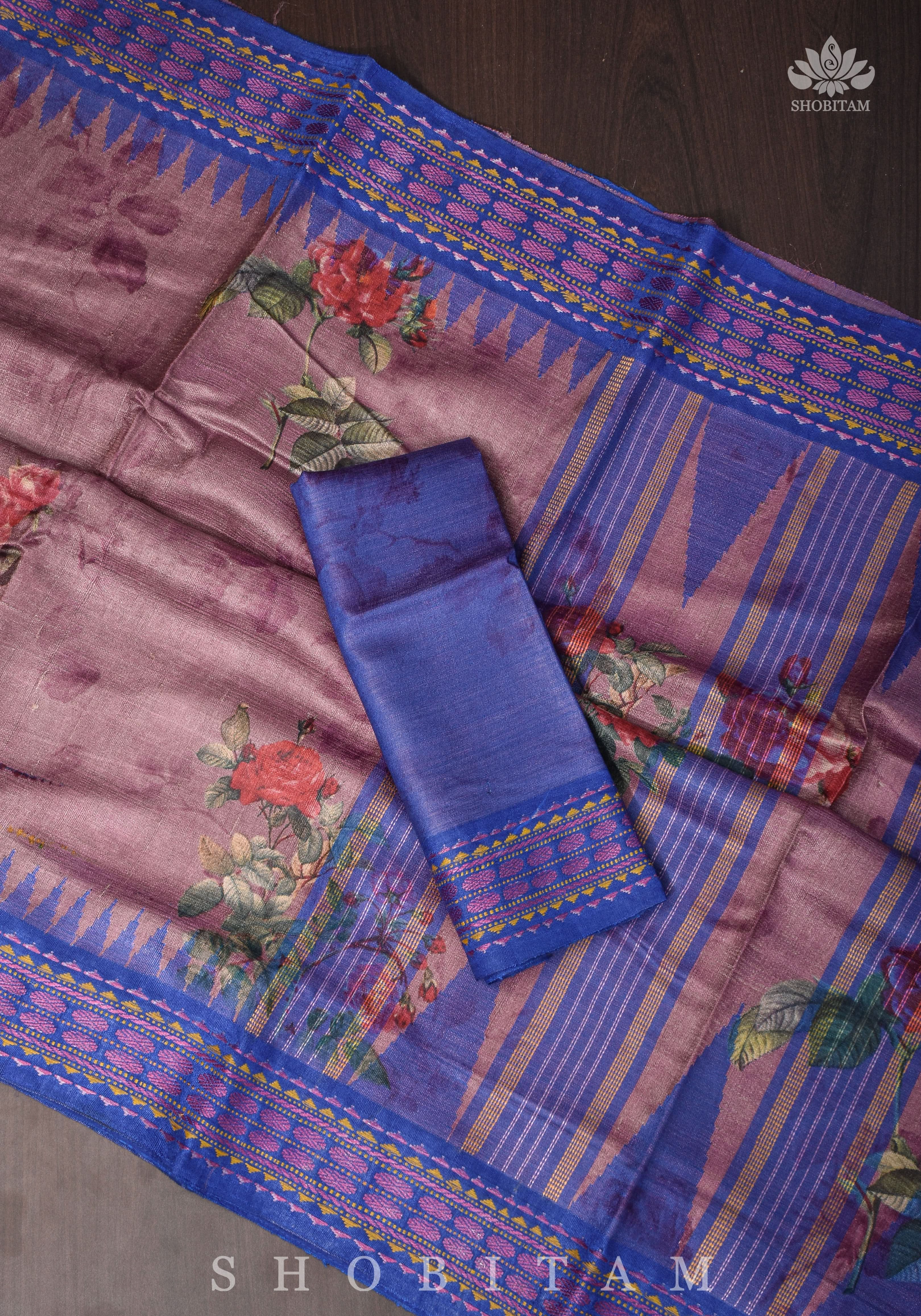 Floral Digital Printed Kosa Tussar Silk Saree in Mauve with Contrast Border | SILK MARK CERTIFIED | Shobitam