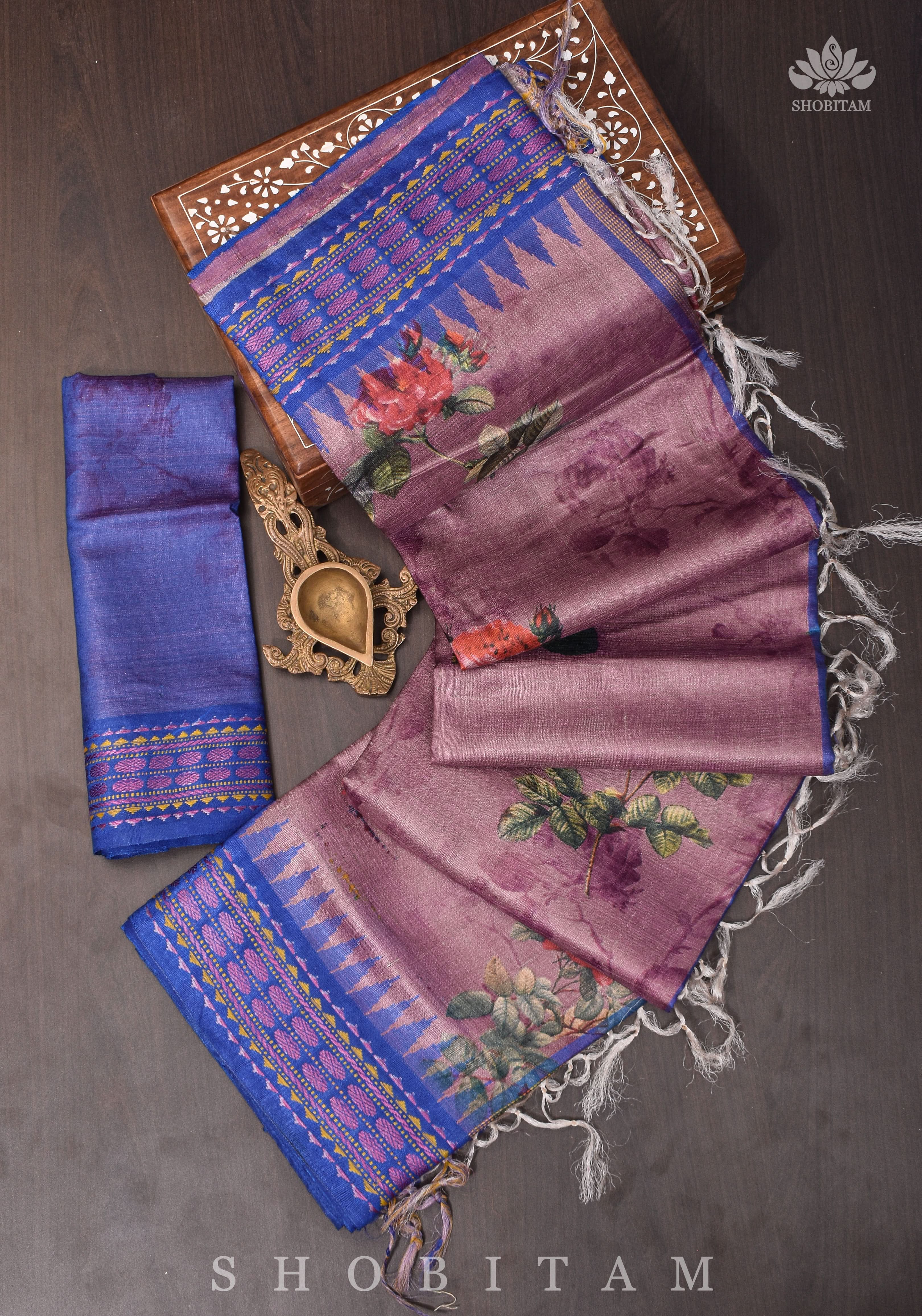 Floral Digital Printed Kosa Tussar Silk Saree in Mauve with Contrast Border | SILK MARK CERTIFIED | Shobitam