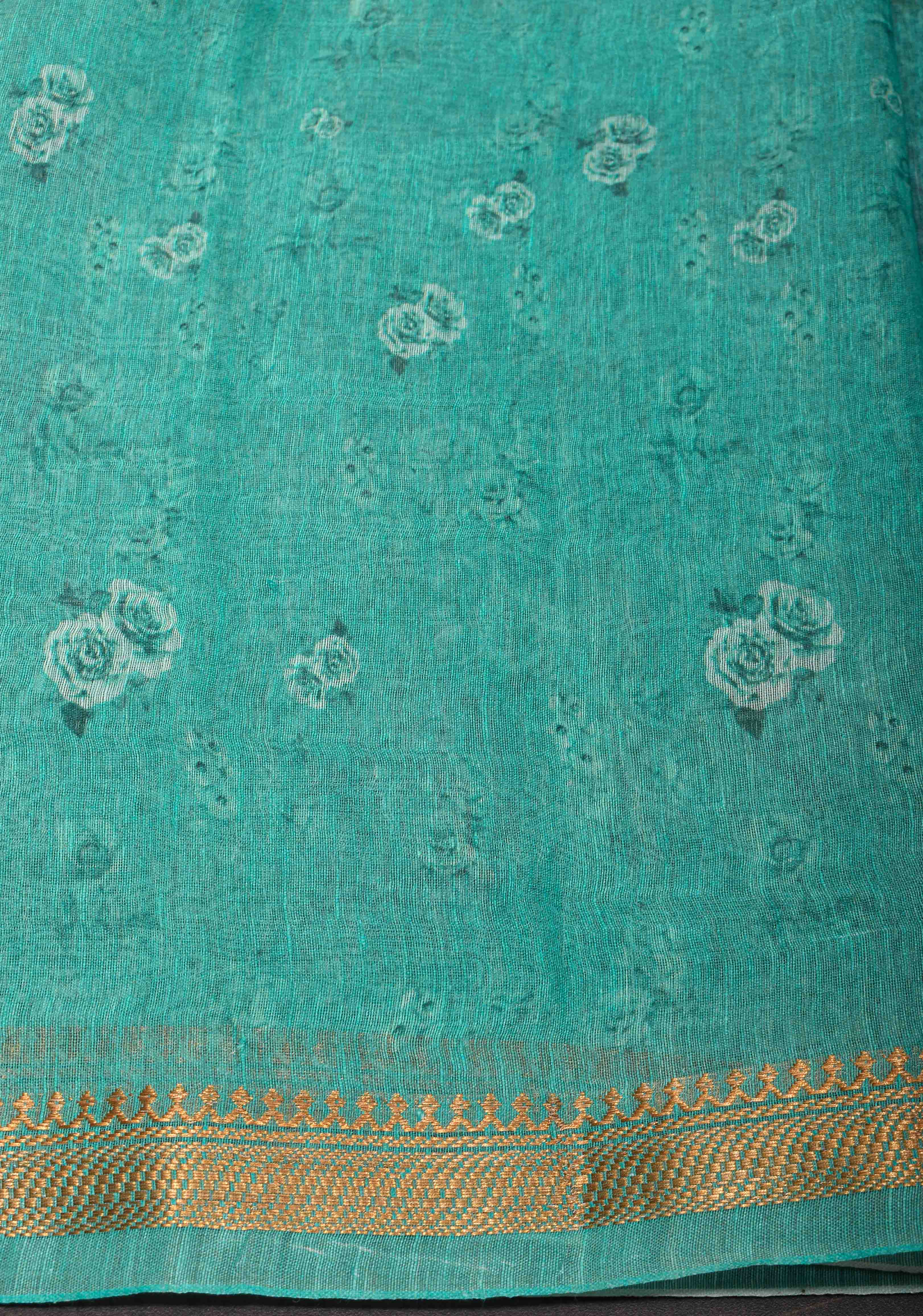 Green Floral Digital Print Silk Linen Saree | Shobitam