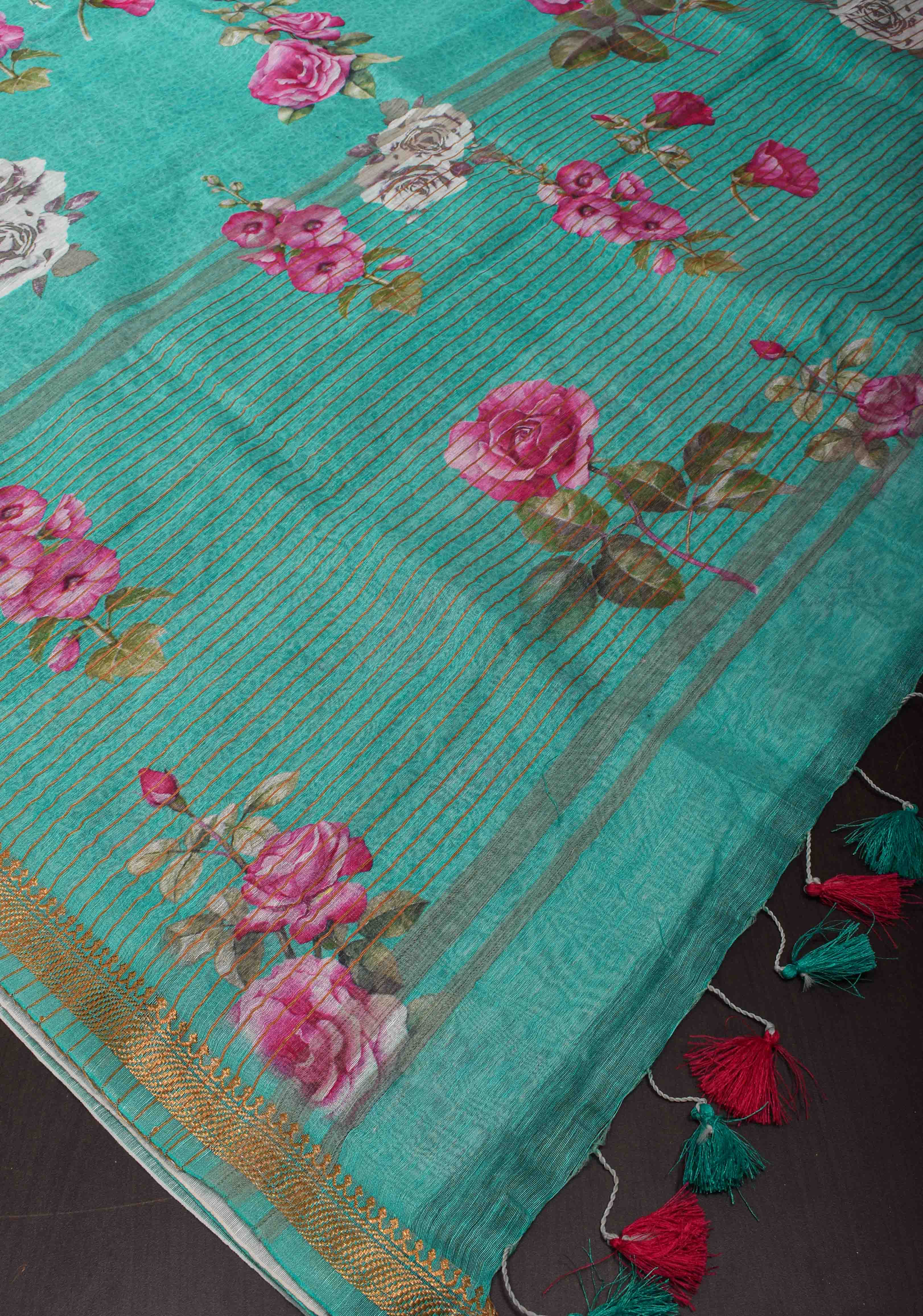 Green Floral Digital Print Silk Linen Saree | Shobitam