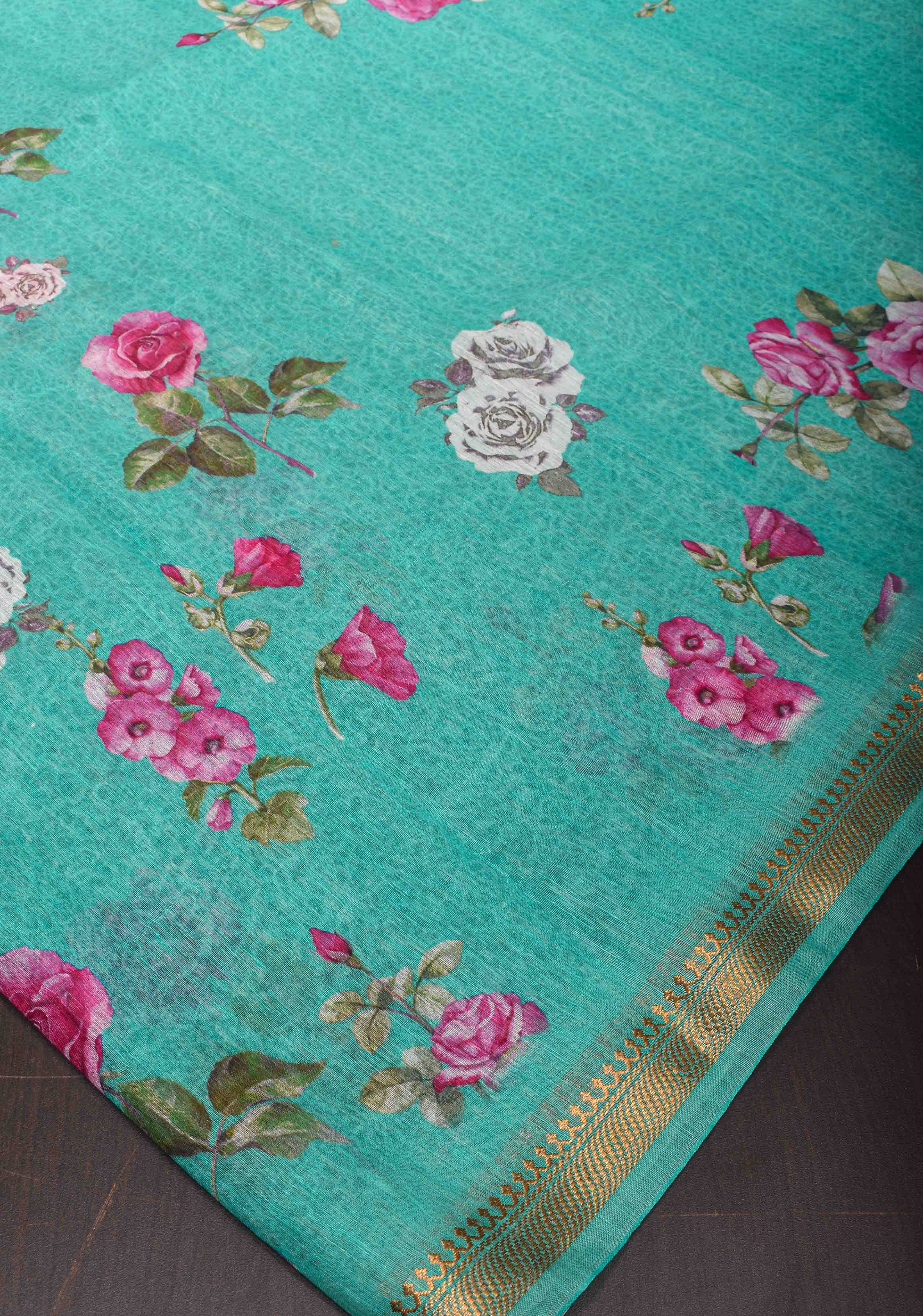 Green Floral Digital Print Silk Linen Saree | Shobitam