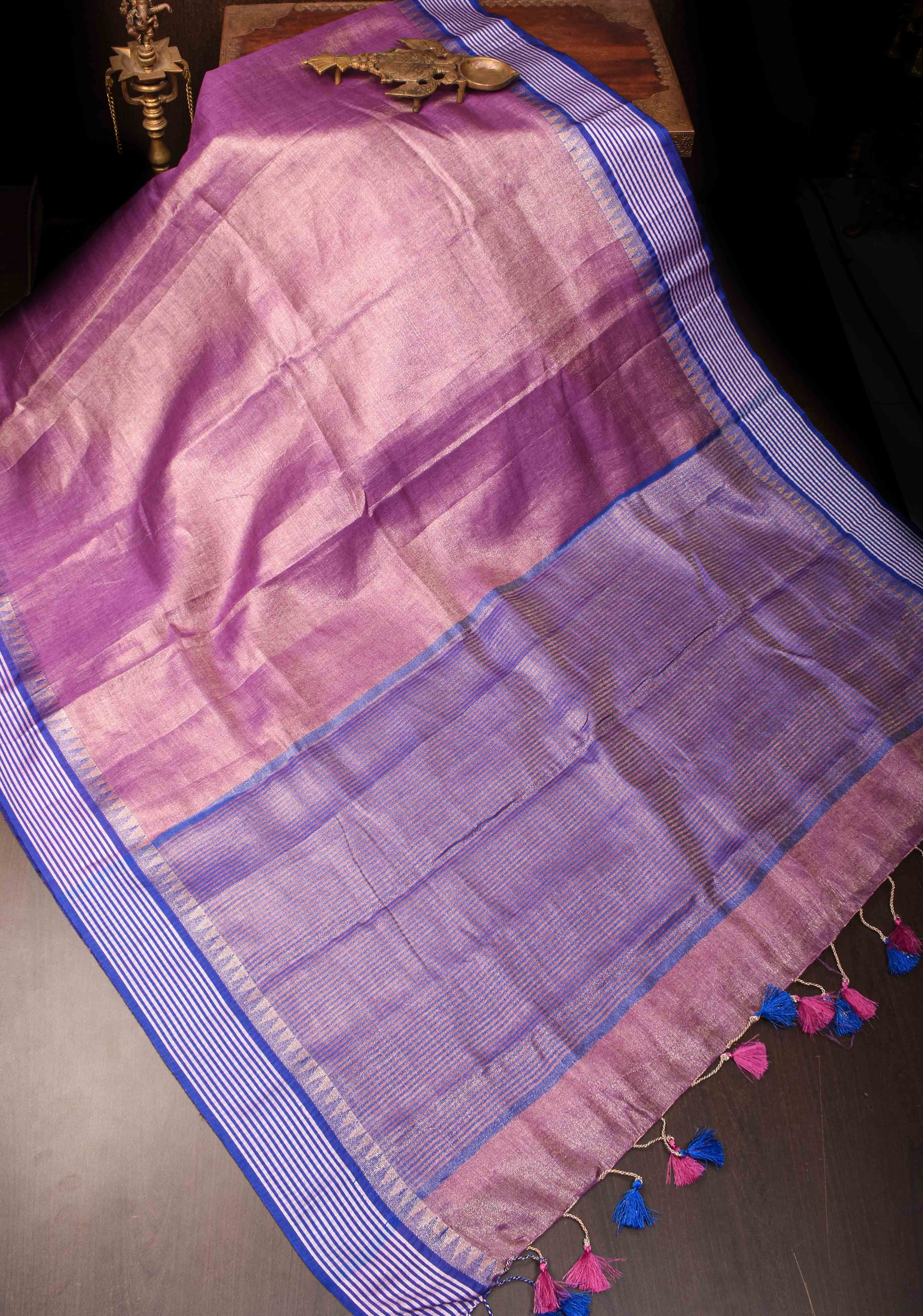Soft Purple Tissue Linen Saree with contrast Border and Pallu | Shobitam