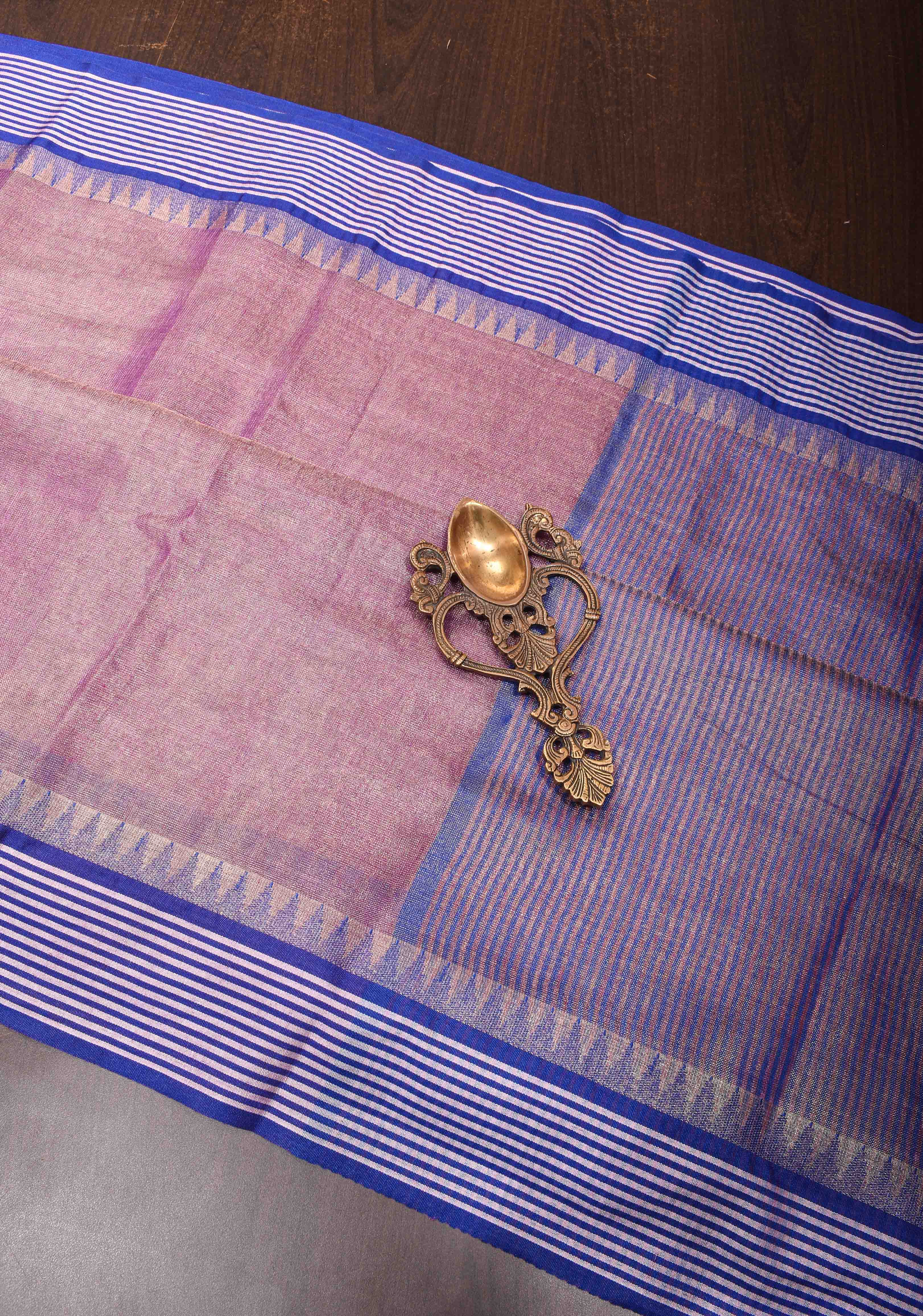 Soft Purple Tissue Linen Saree with contrast Border and Pallu | Shobitam