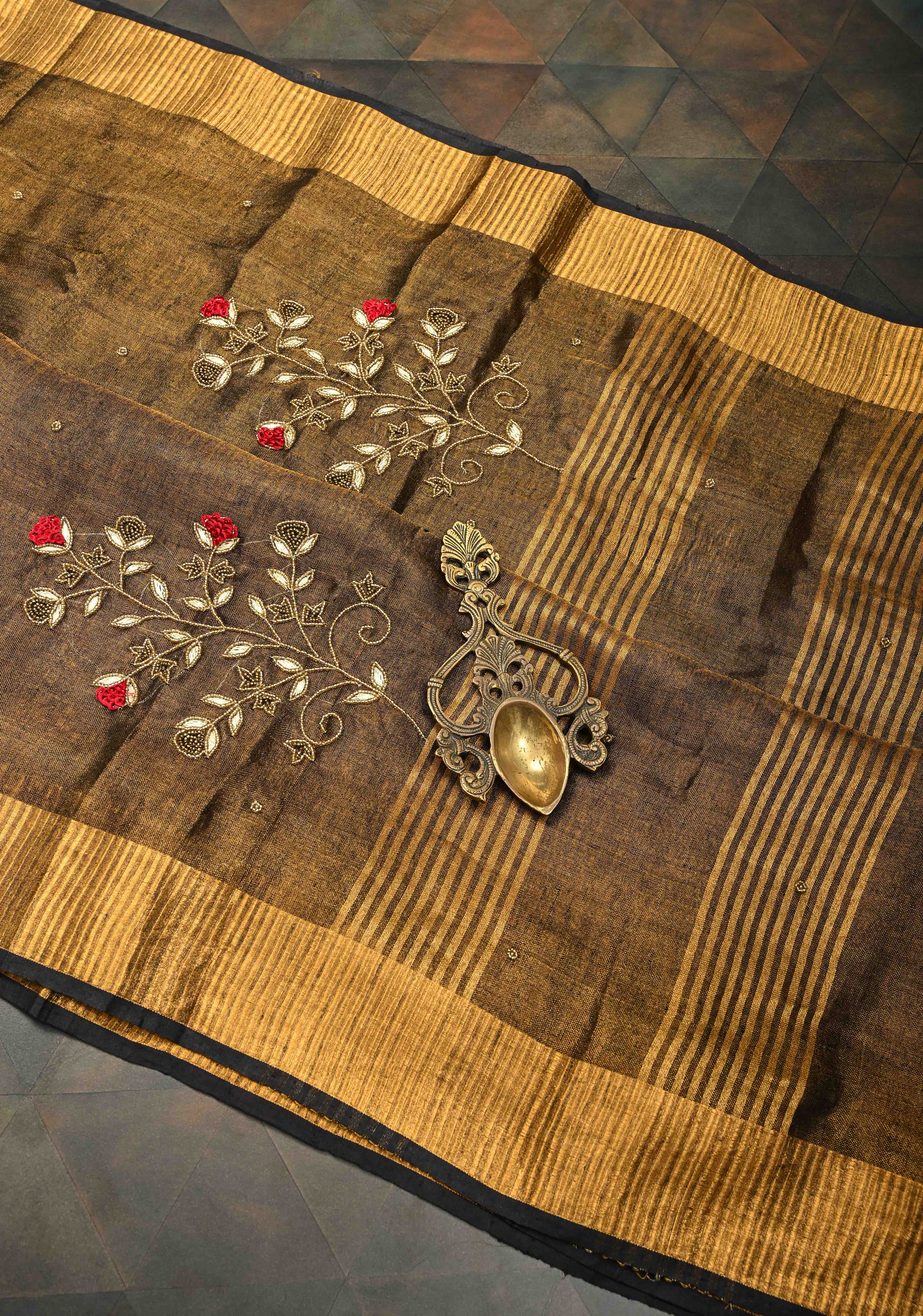 Hand Embroidery and Beadwork in copper and Black on Tissue Linen Saree | Shobitam