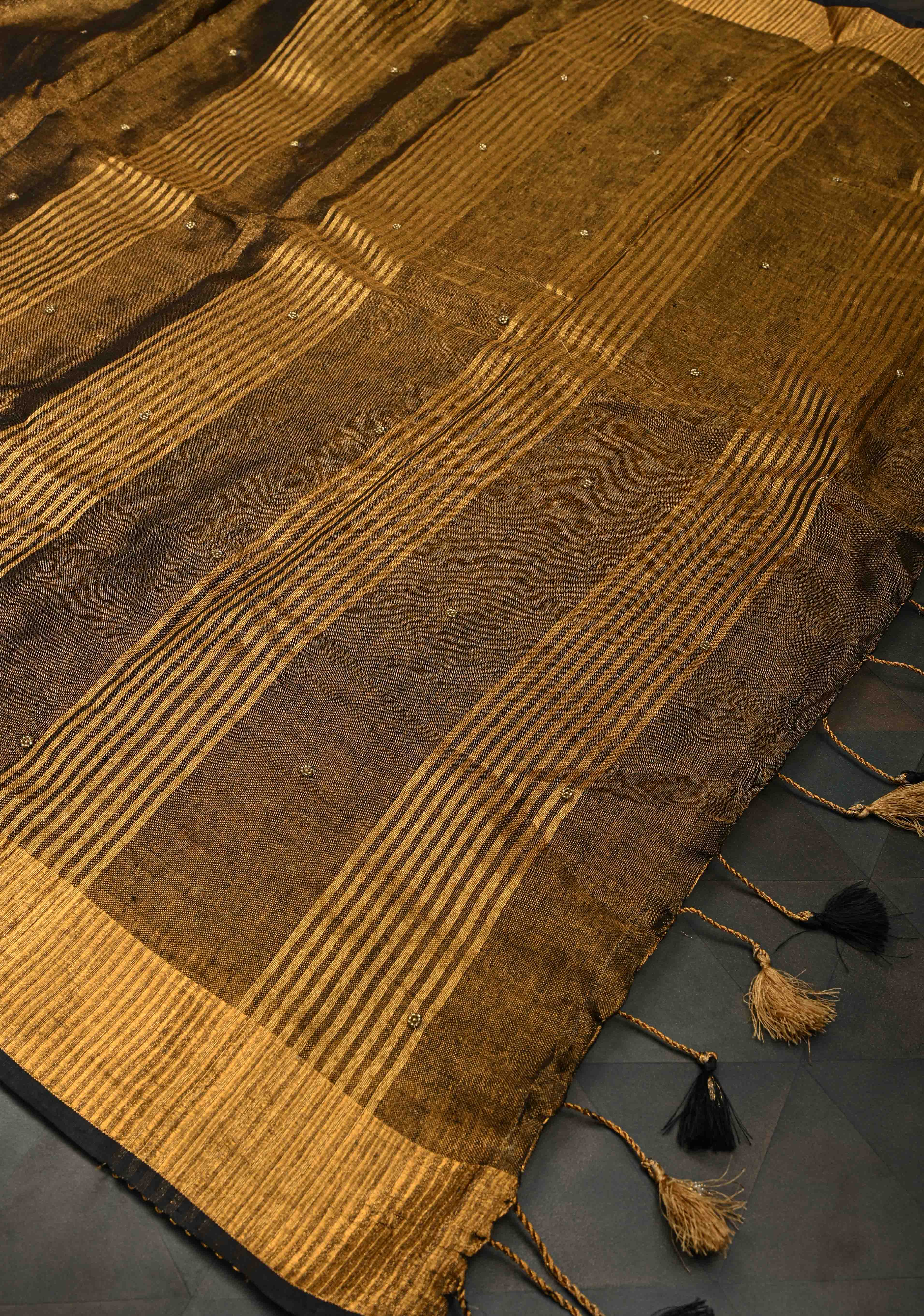 Hand Embroidery and Beadwork in copper and Black on Tissue Linen Saree | Shobitam