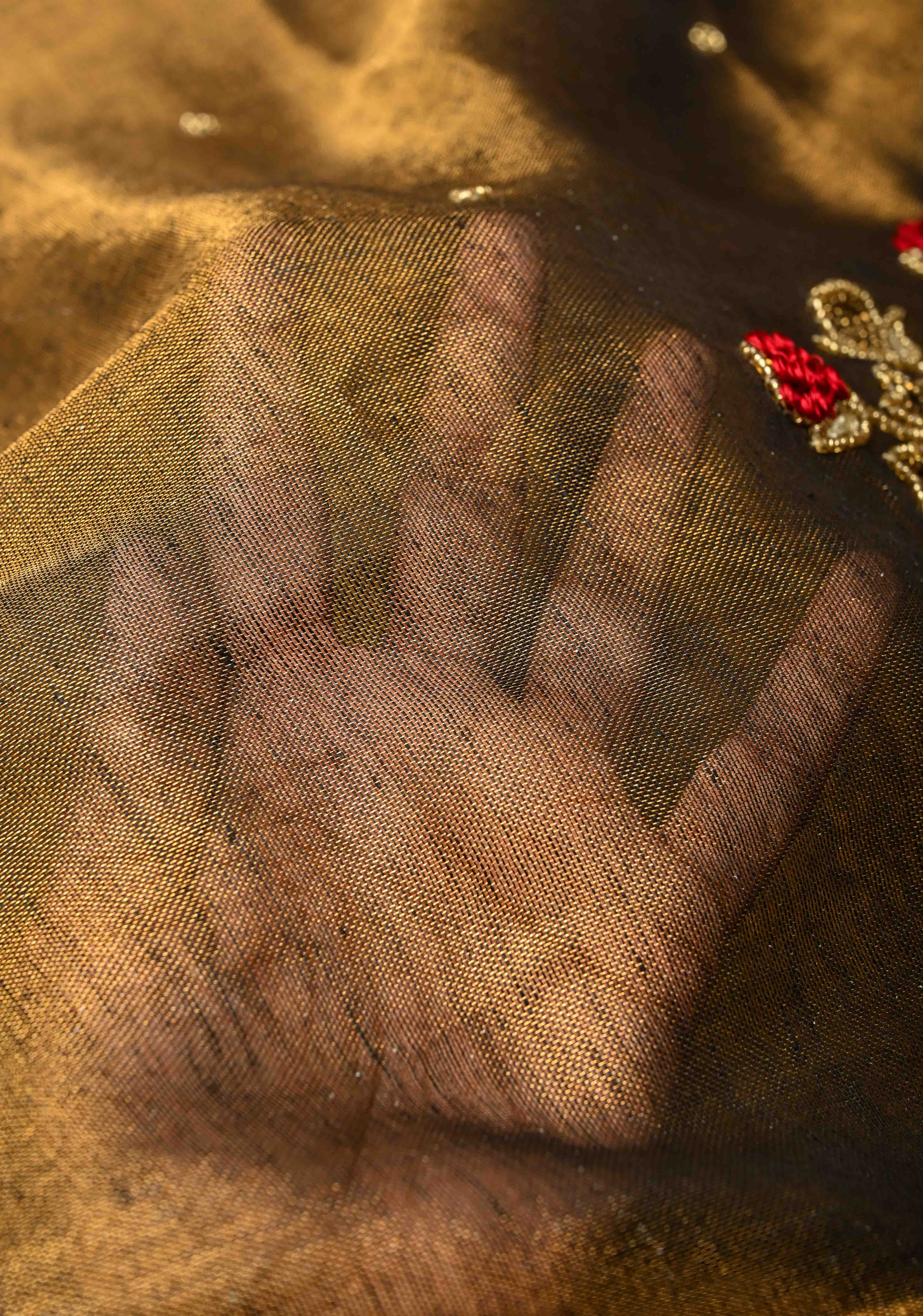 Hand Embroidery and Beadwork in copper and Black on Tissue Linen Saree | Shobitam