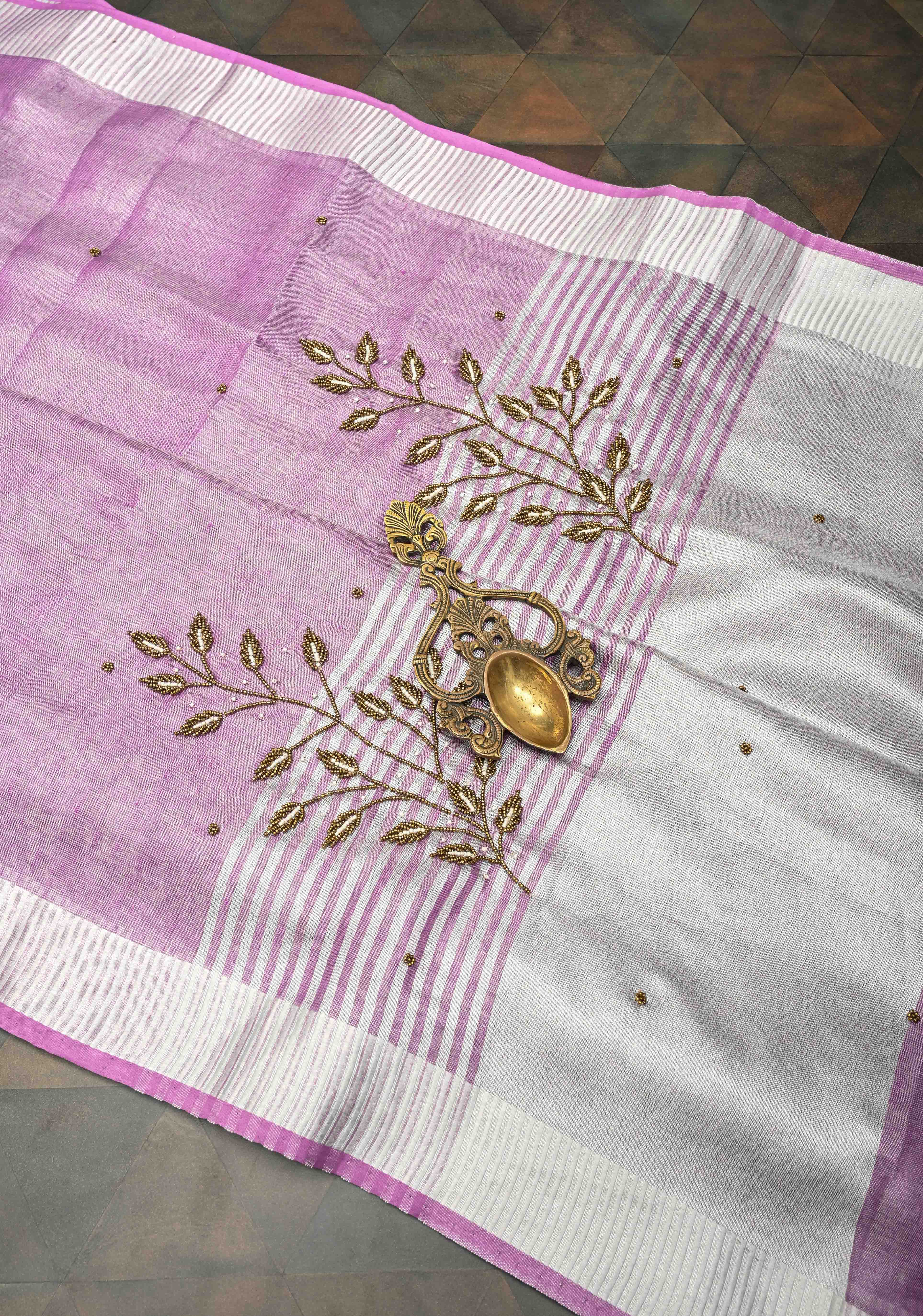 Hand Beadwork on Tissue Linen Saree in Lavender with Silver Tissue | Shobitam