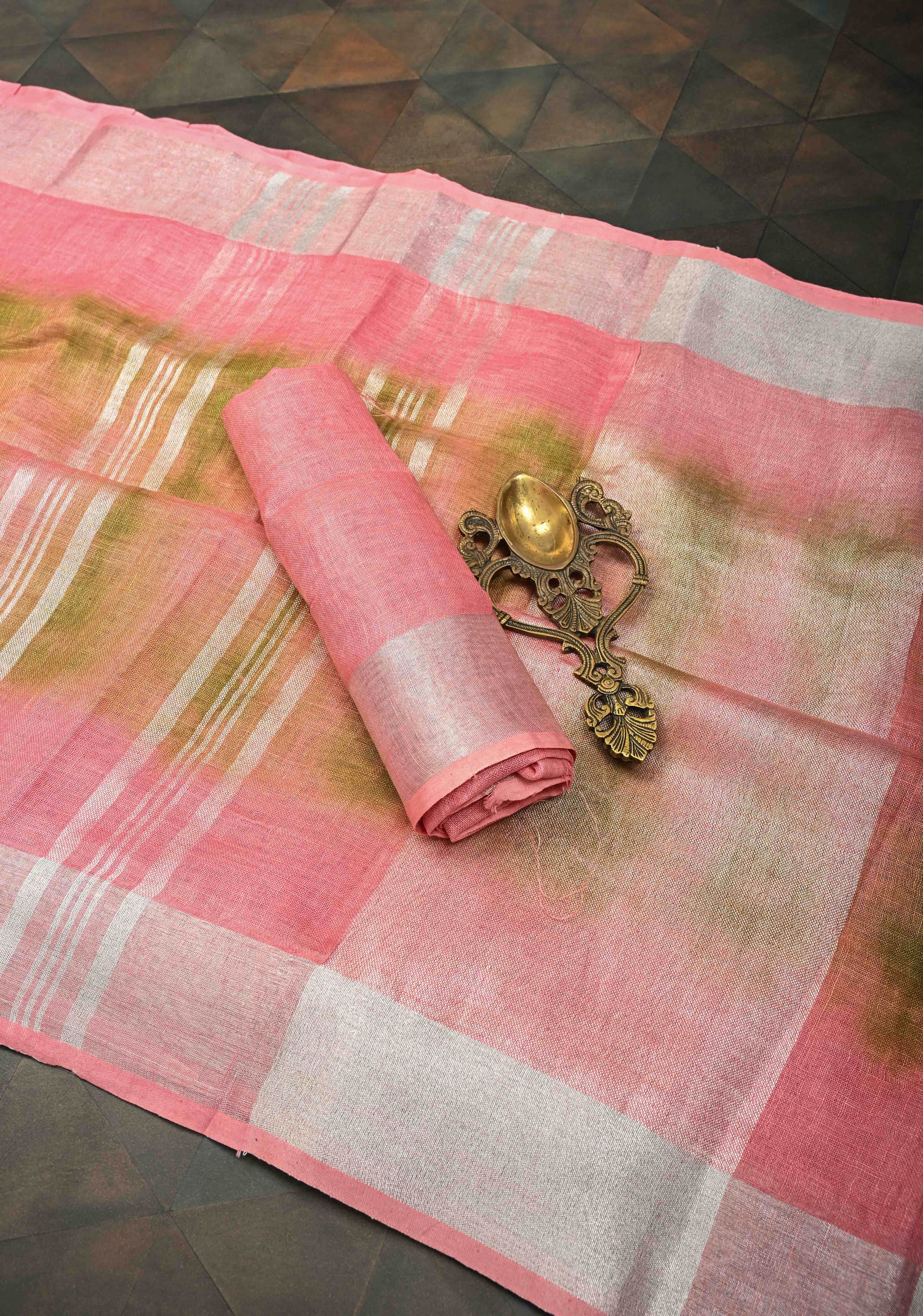 Shibori in Pink & Green on Linen by Linen Saree with Silver Zari Border | Shobitam