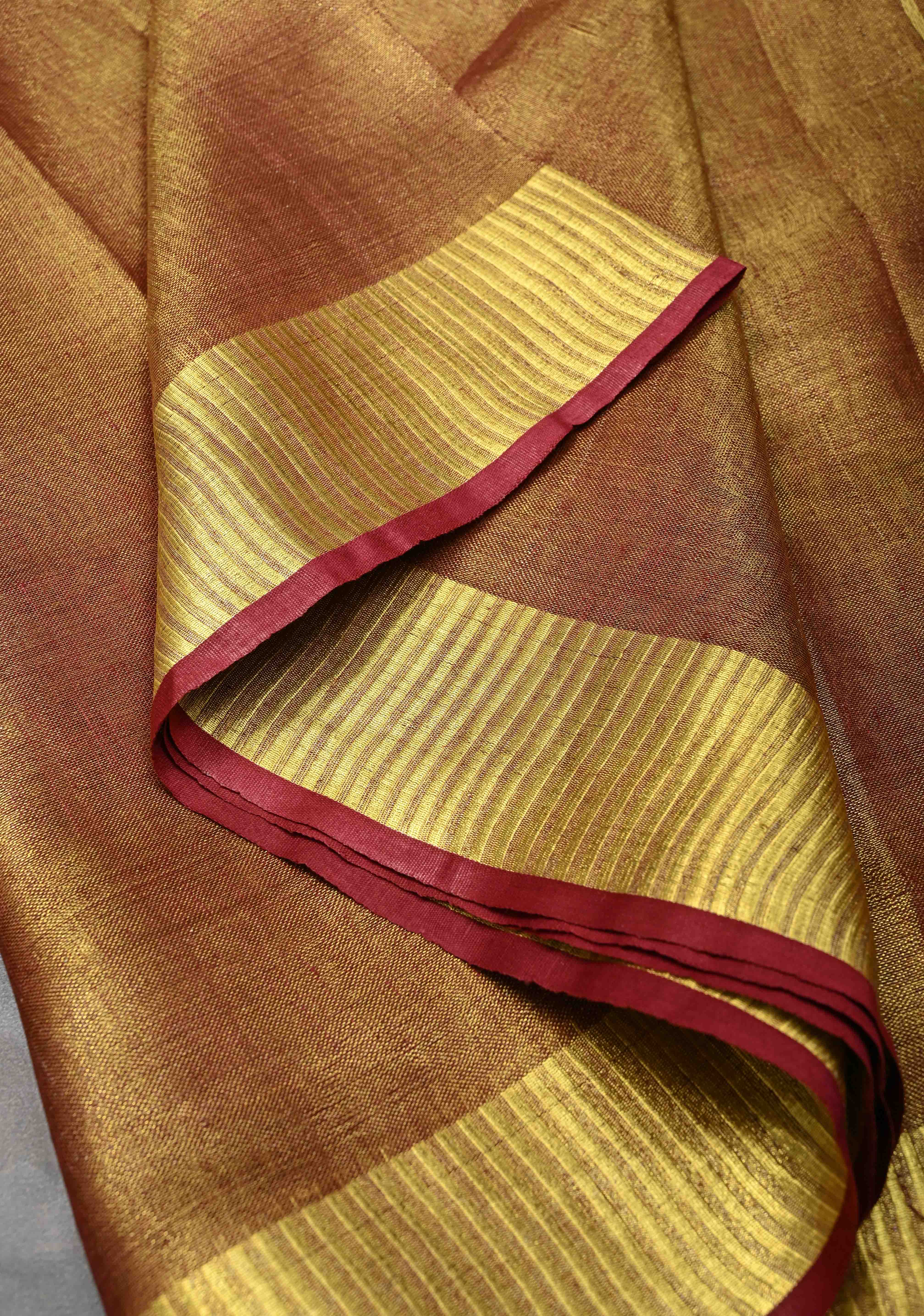 Maroon Tissue Linen Saree with Zari Border | Shobitam