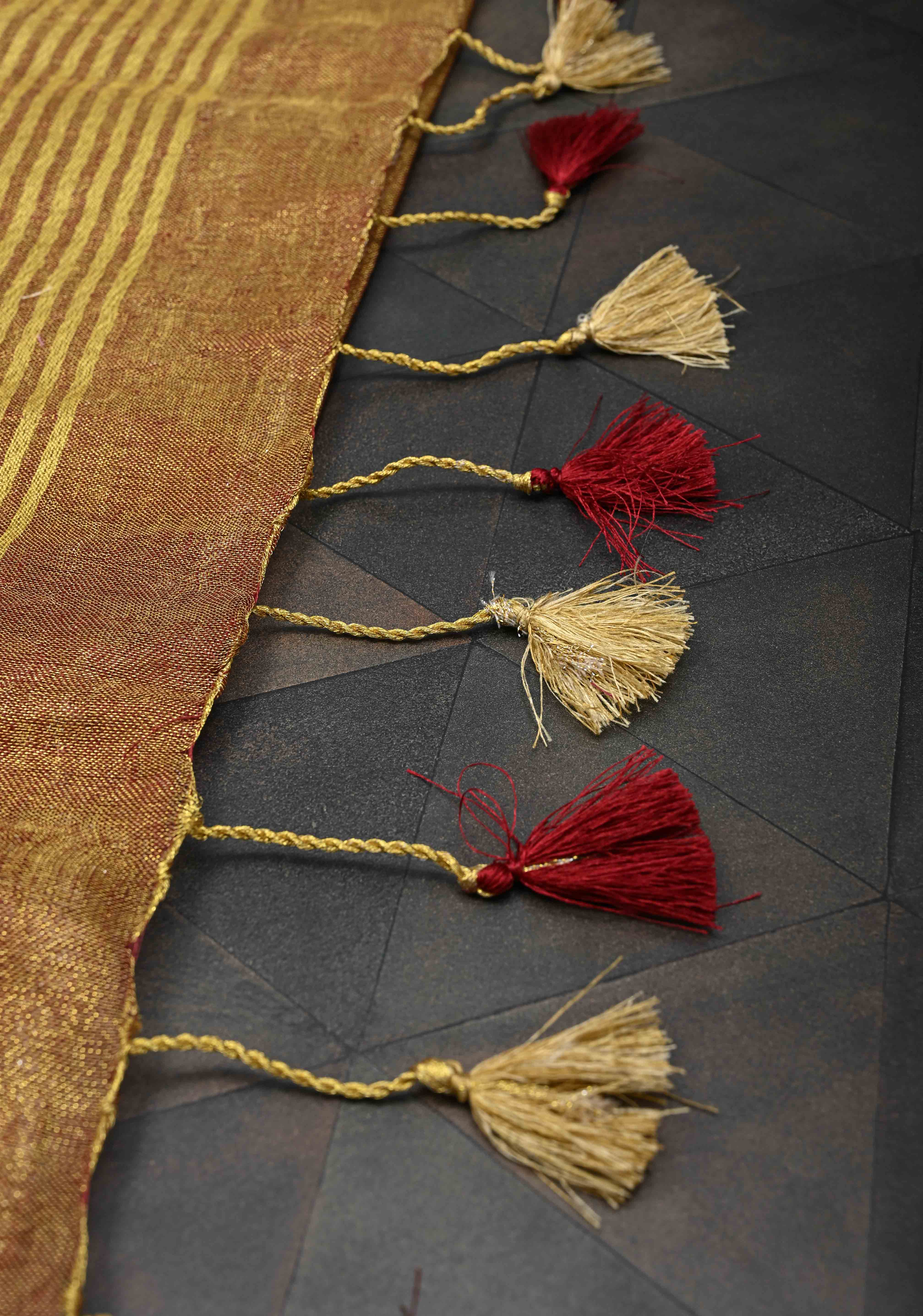 Maroon Tissue Linen Saree with Zari Border | Shobitam