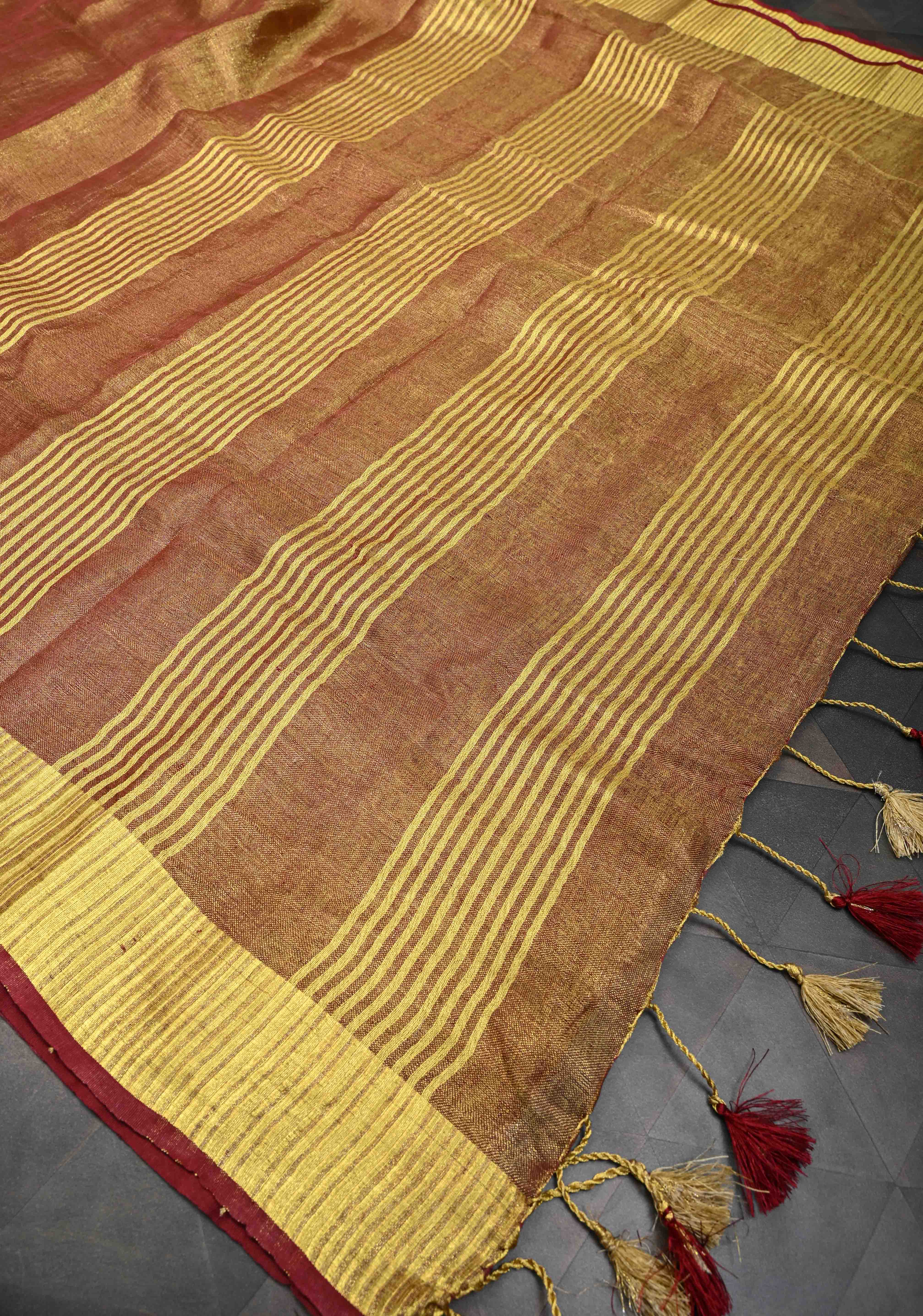Maroon Tissue Linen Saree with Zari Border | Shobitam
