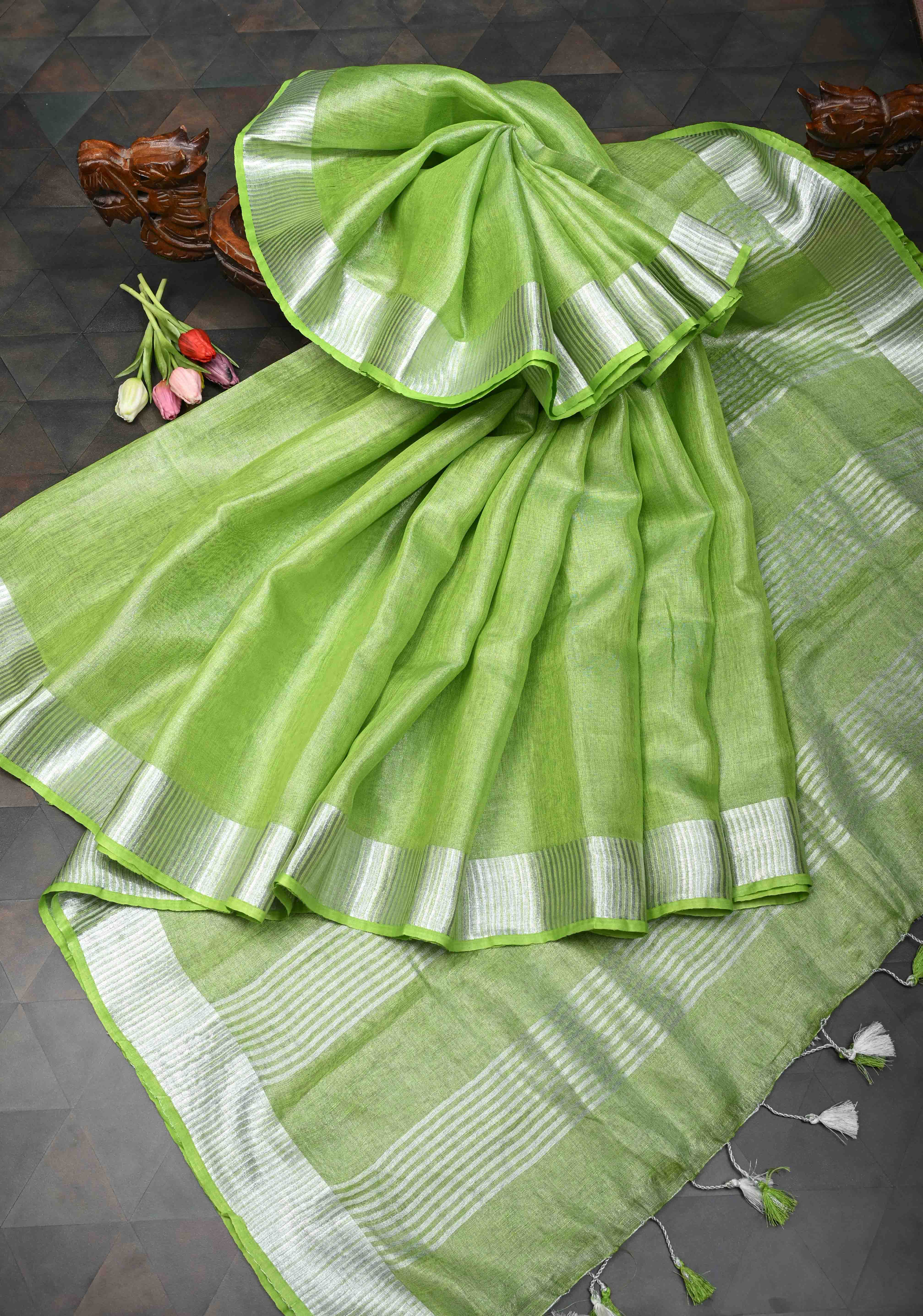Light Green Tissue Linen Saree With Silver Zari Border | Shobitam