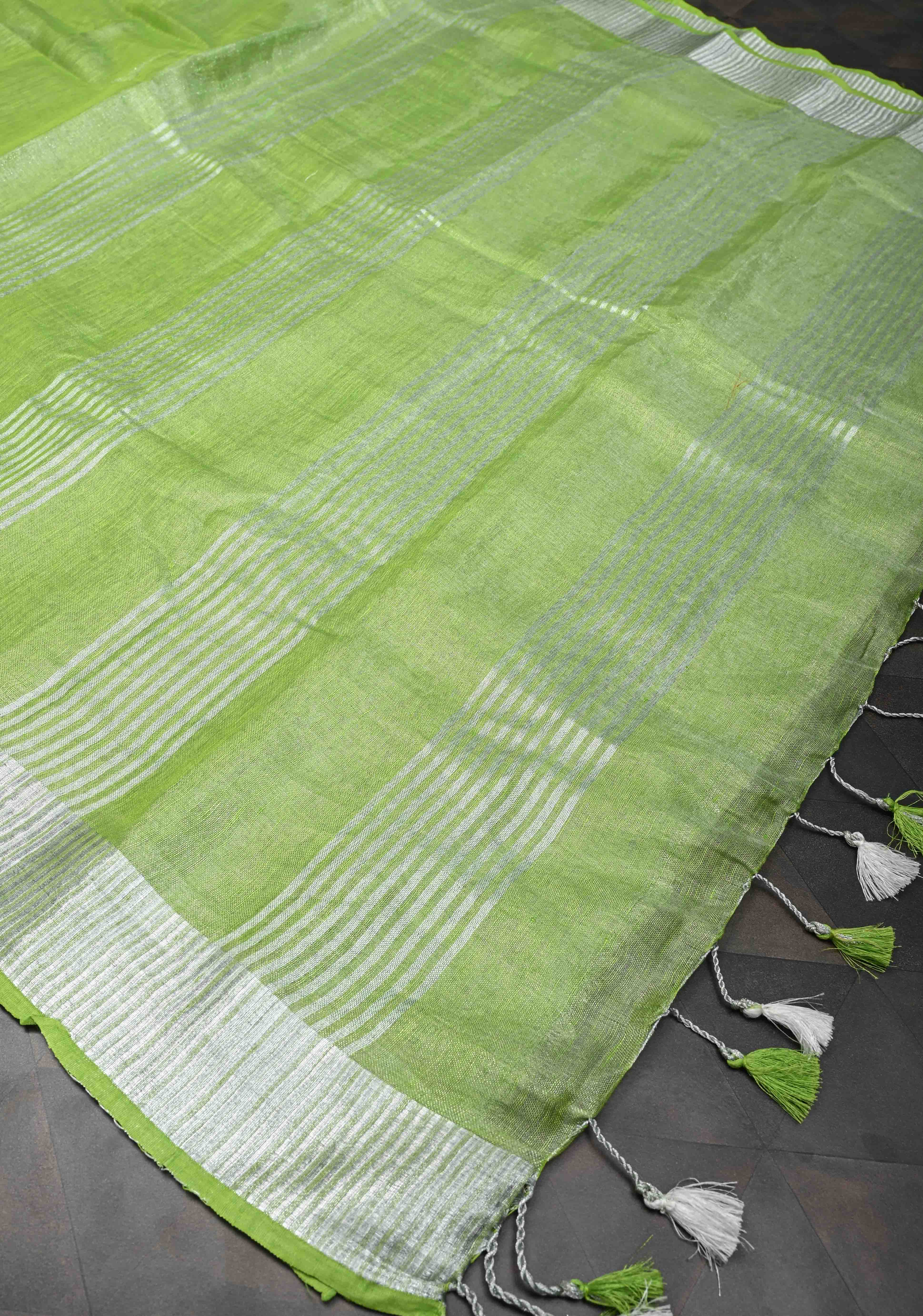 Light Green Tissue Linen Saree With Silver Zari Border | Shobitam