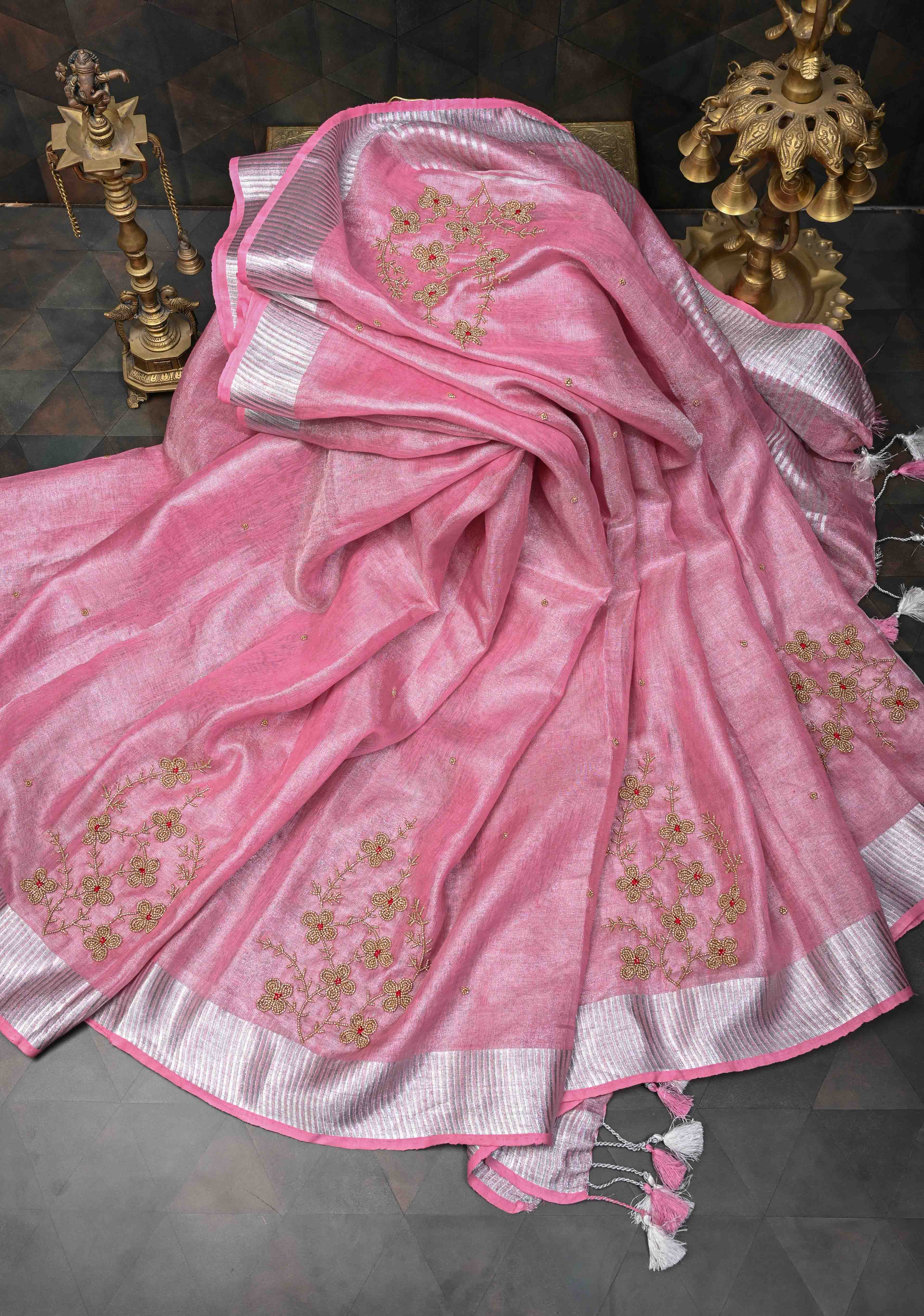 Pink Rose Tissue Linen Saree With Hand Beadwork with Silver Tissue | Shobitam