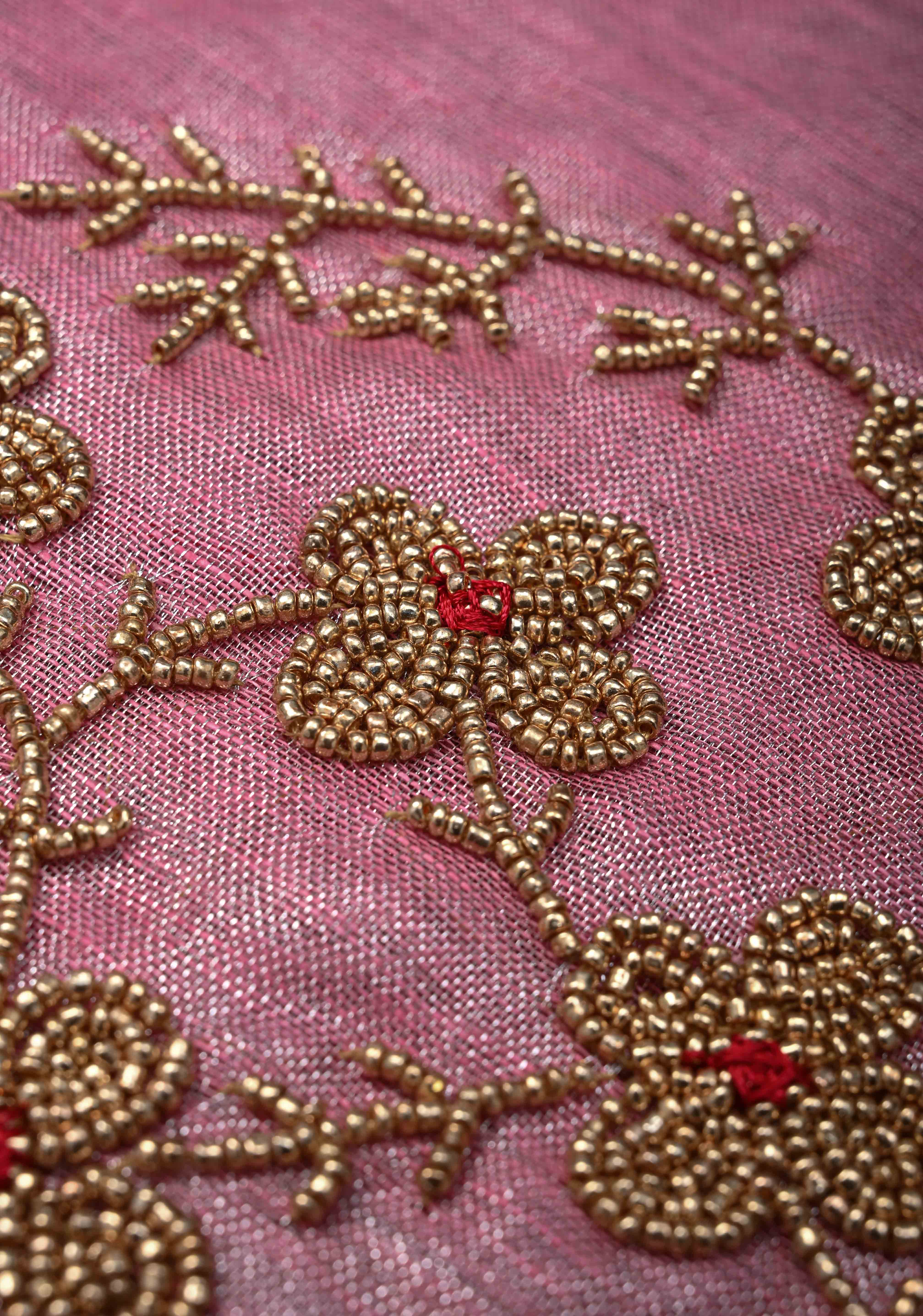 Pink Rose Tissue Linen Saree With Hand Beadwork with Silver Tissue | Shobitam