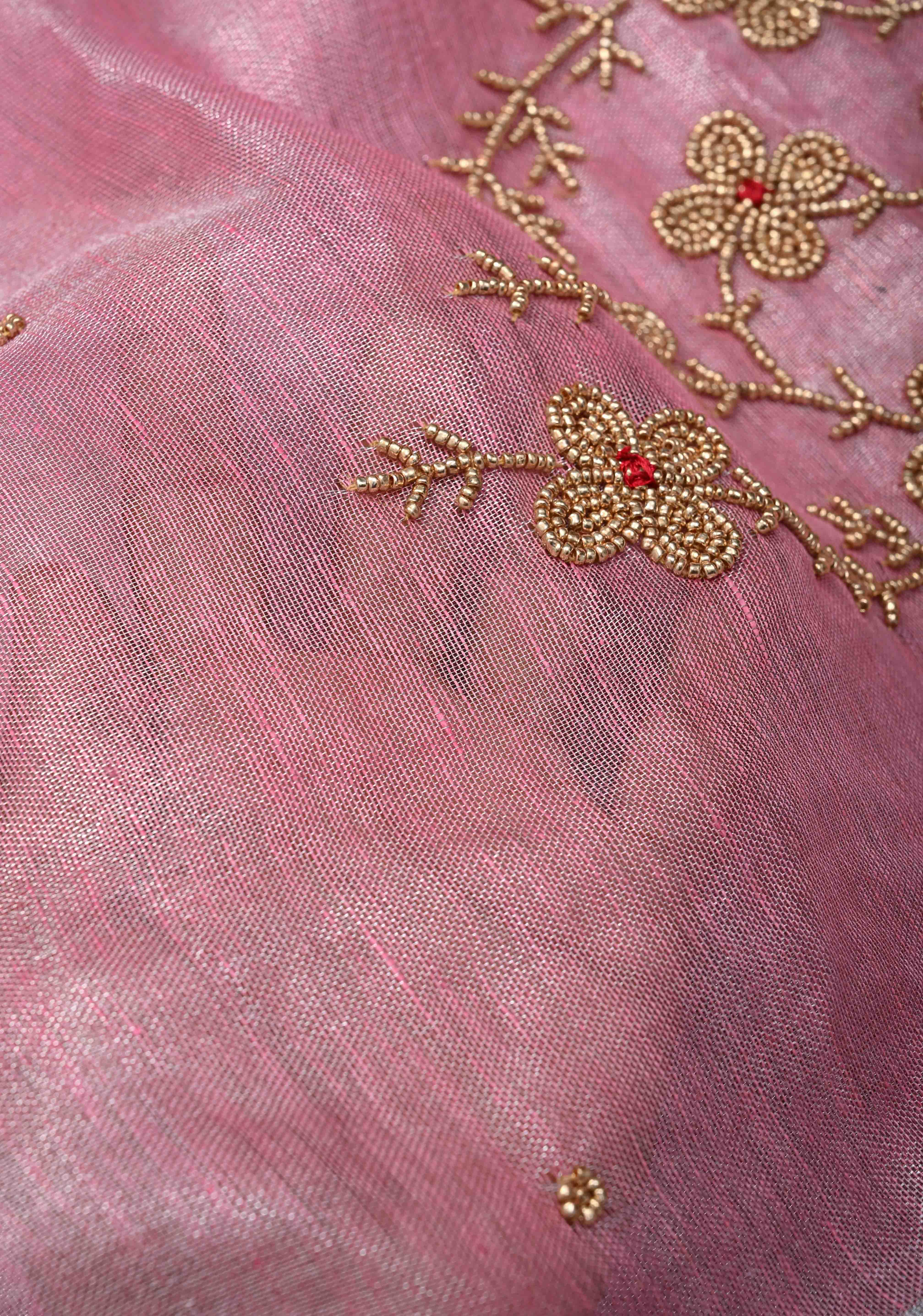 Pink Rose Tissue Linen Saree With Hand Beadwork with Silver Tissue | Shobitam