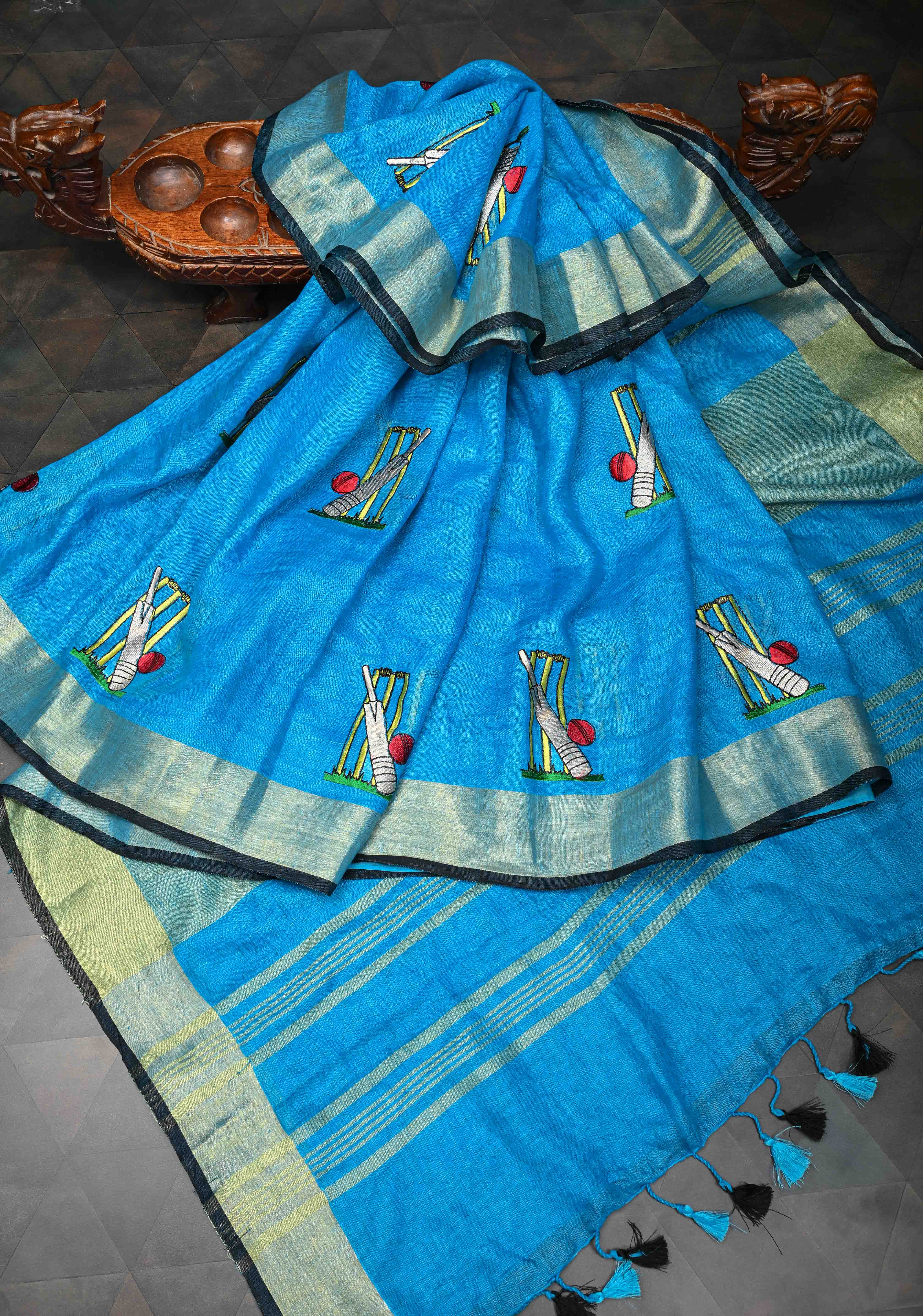 Cricket Set Theme : Blue Pure Linen by Linen Saree with Embroidery and Zari Border | Shobitam