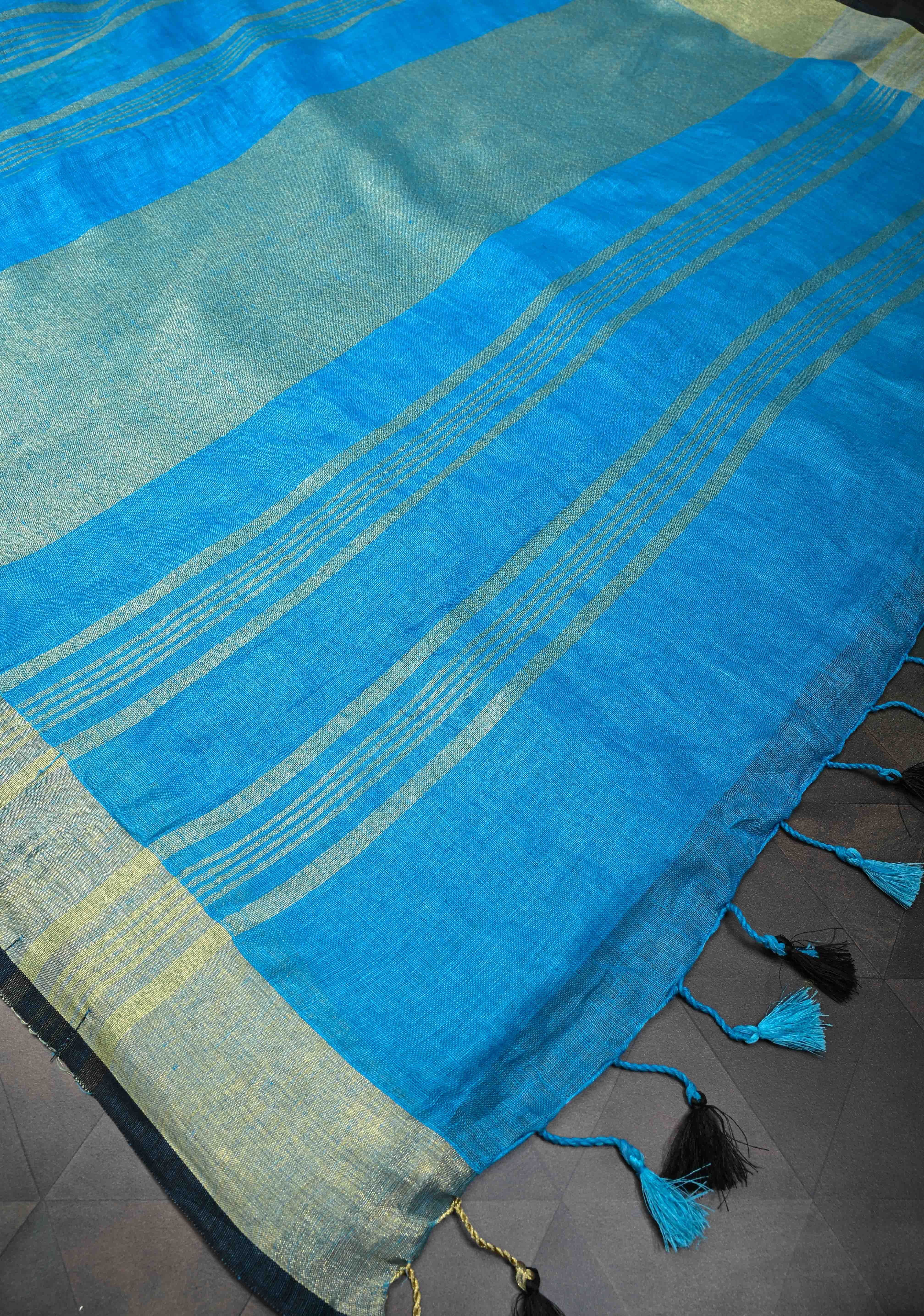 Cricket Set Theme : Blue Pure Linen by Linen Saree with Embroidery and Zari Border | Shobitam