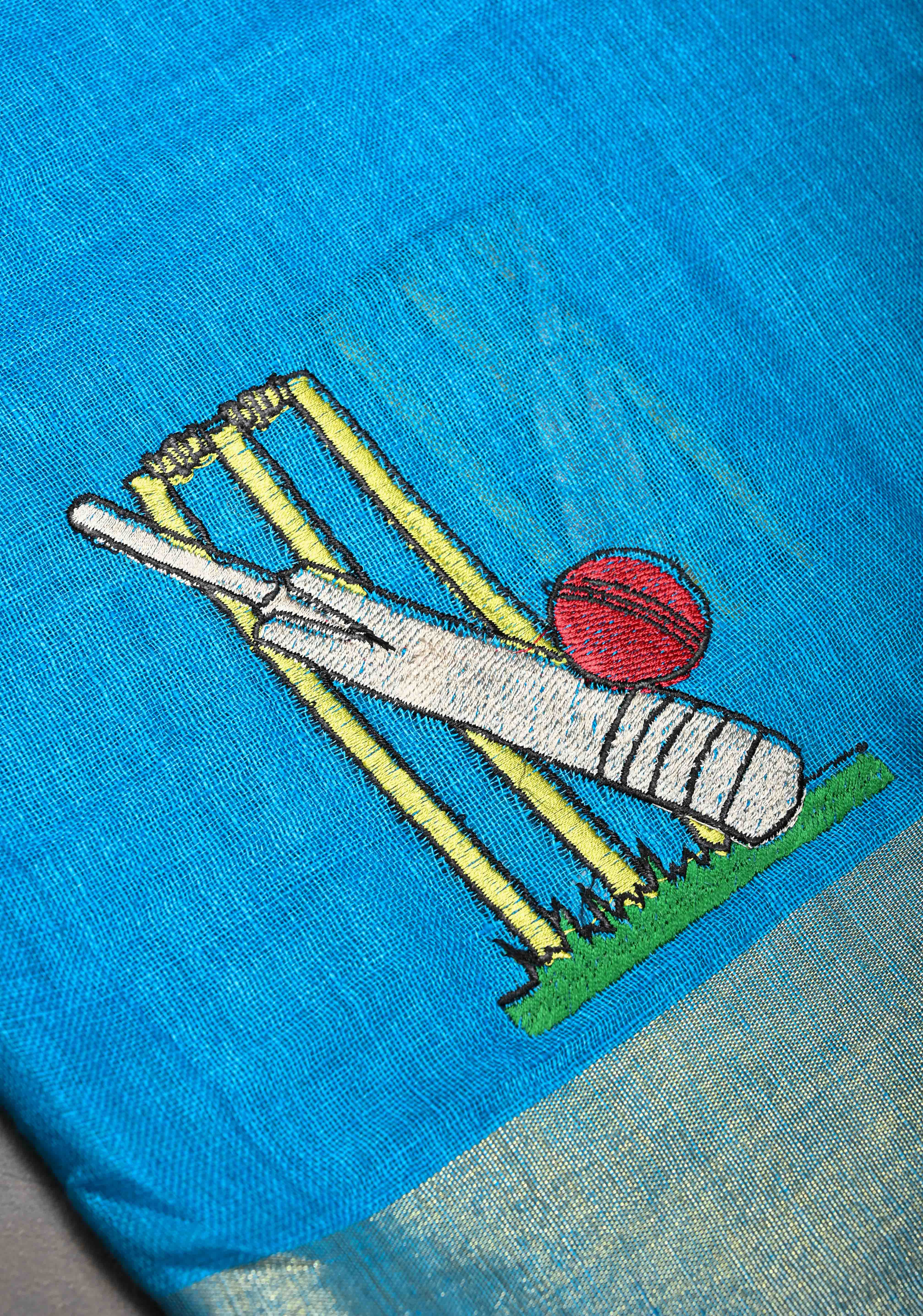 Cricket Set Theme : Blue Pure Linen by Linen Saree with Embroidery and Zari Border | Shobitam