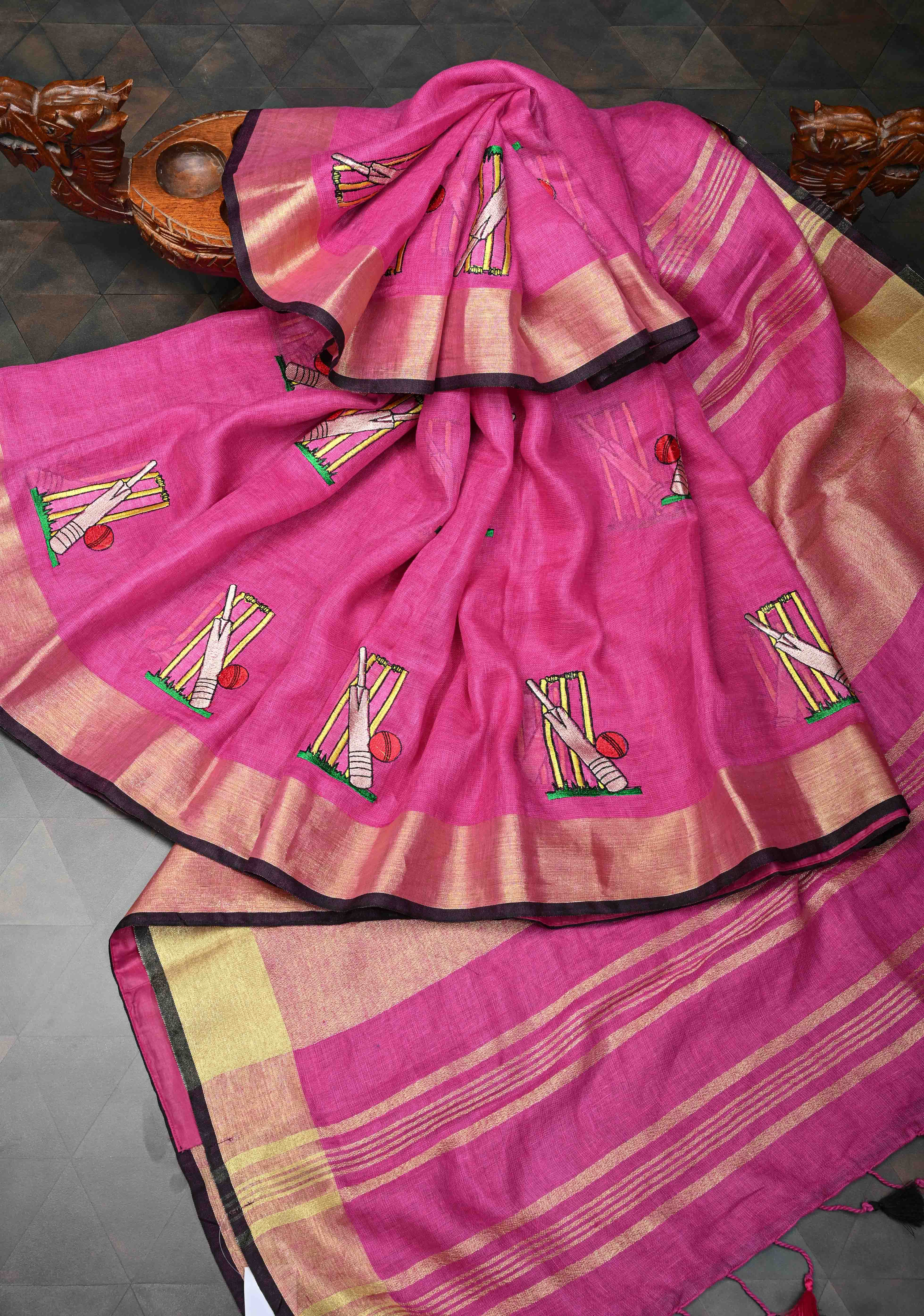 Cricket Set Theme : Pink Pure Linen by Linen Saree with Embroidery and Zari Border | Shobitam