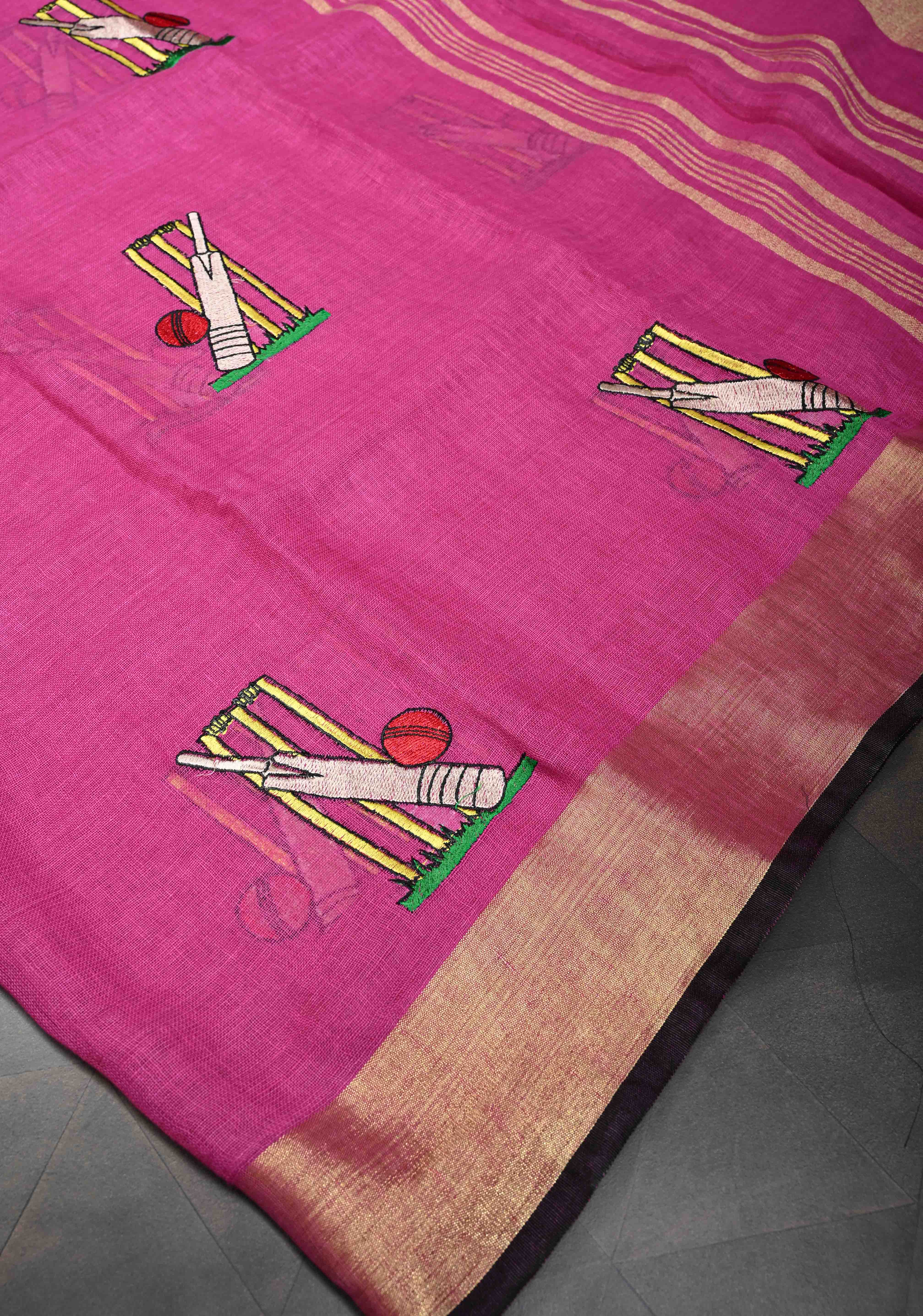 Cricket Set Theme : Pink Pure Linen by Linen Saree with Embroidery and Zari Border | Shobitam