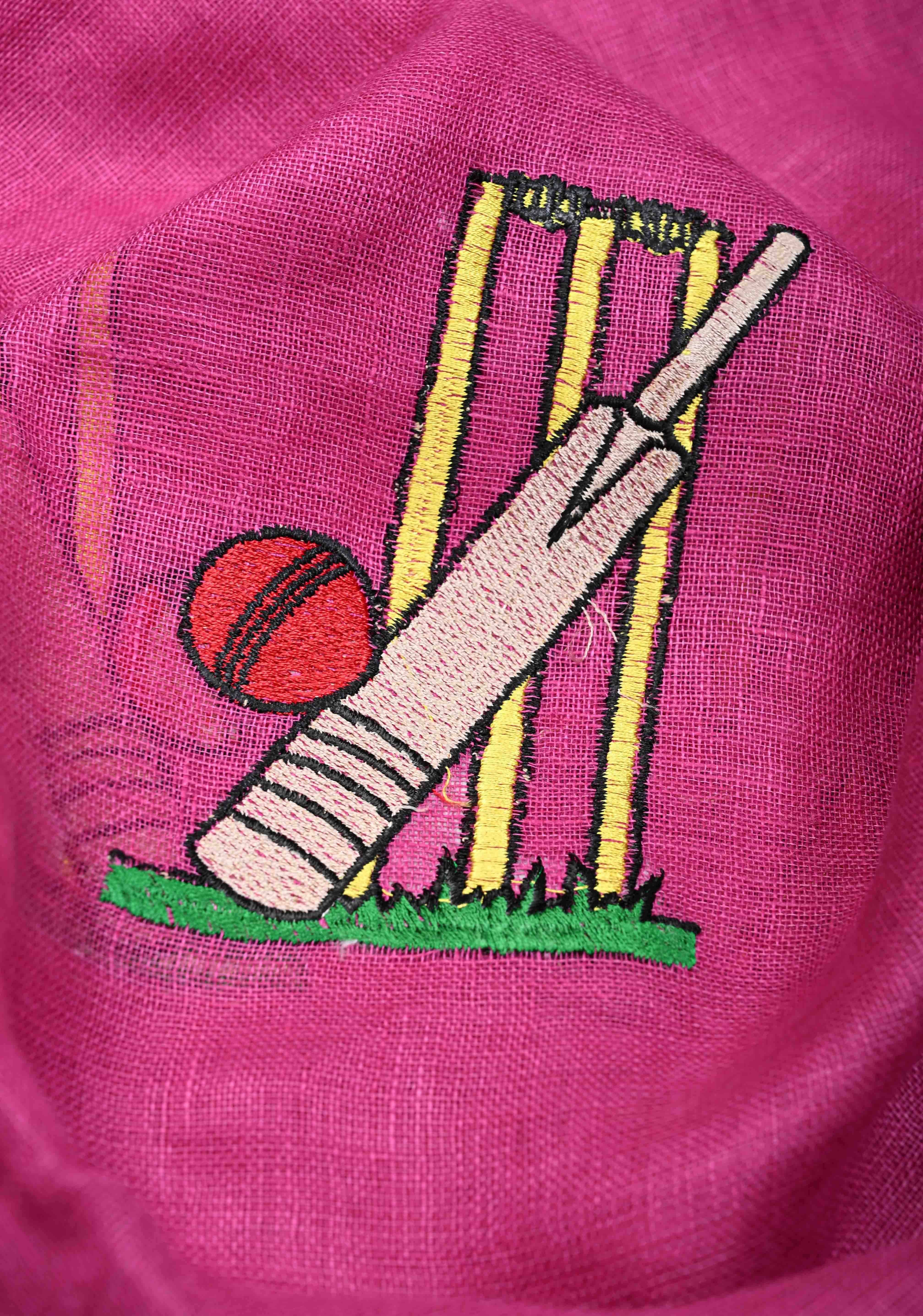 Cricket Set Theme : Pink Pure Linen by Linen Saree with Embroidery and Zari Border | Shobitam