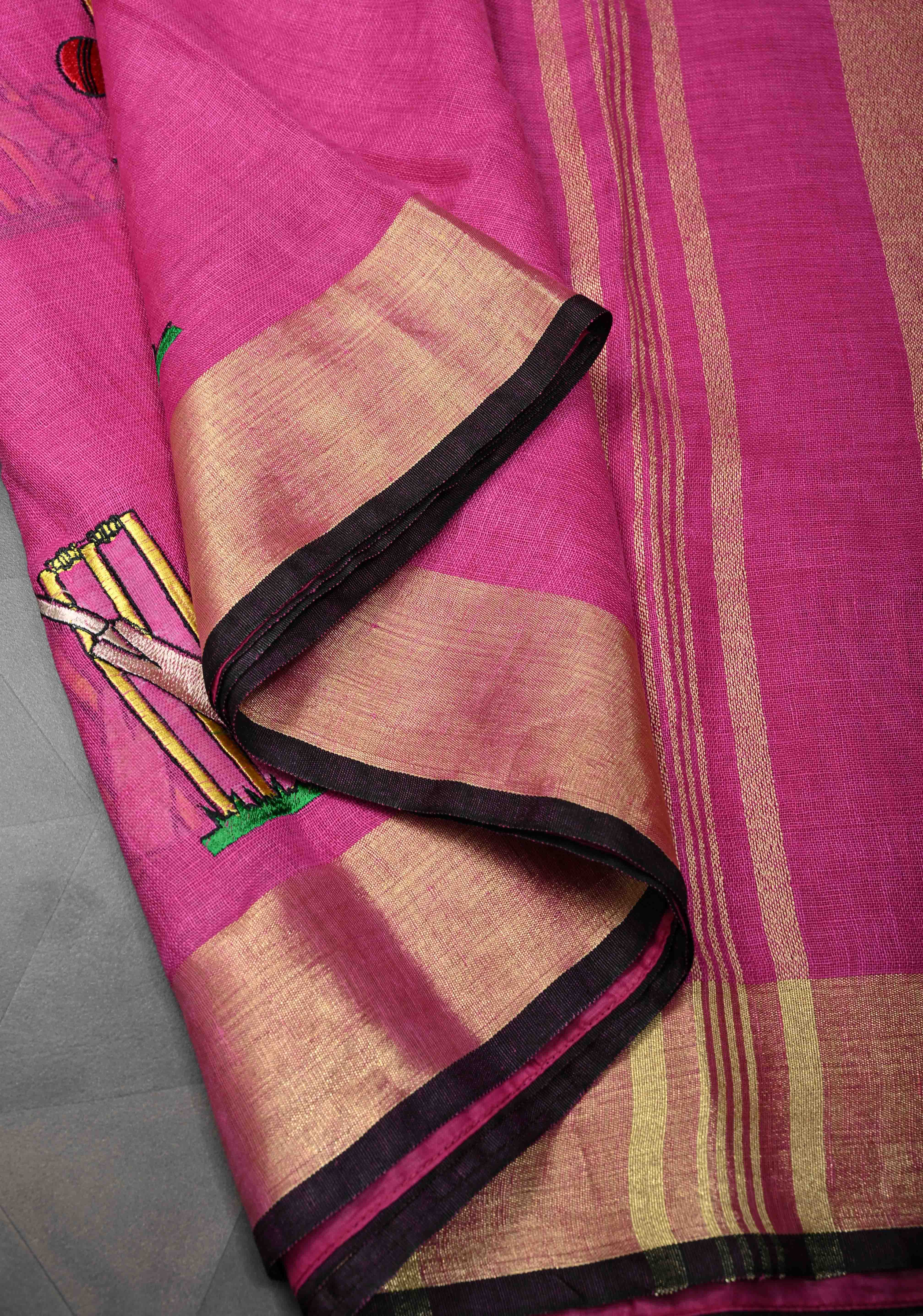 Cricket Set Theme : Pink Pure Linen by Linen Saree with Embroidery and Zari Border | Shobitam
