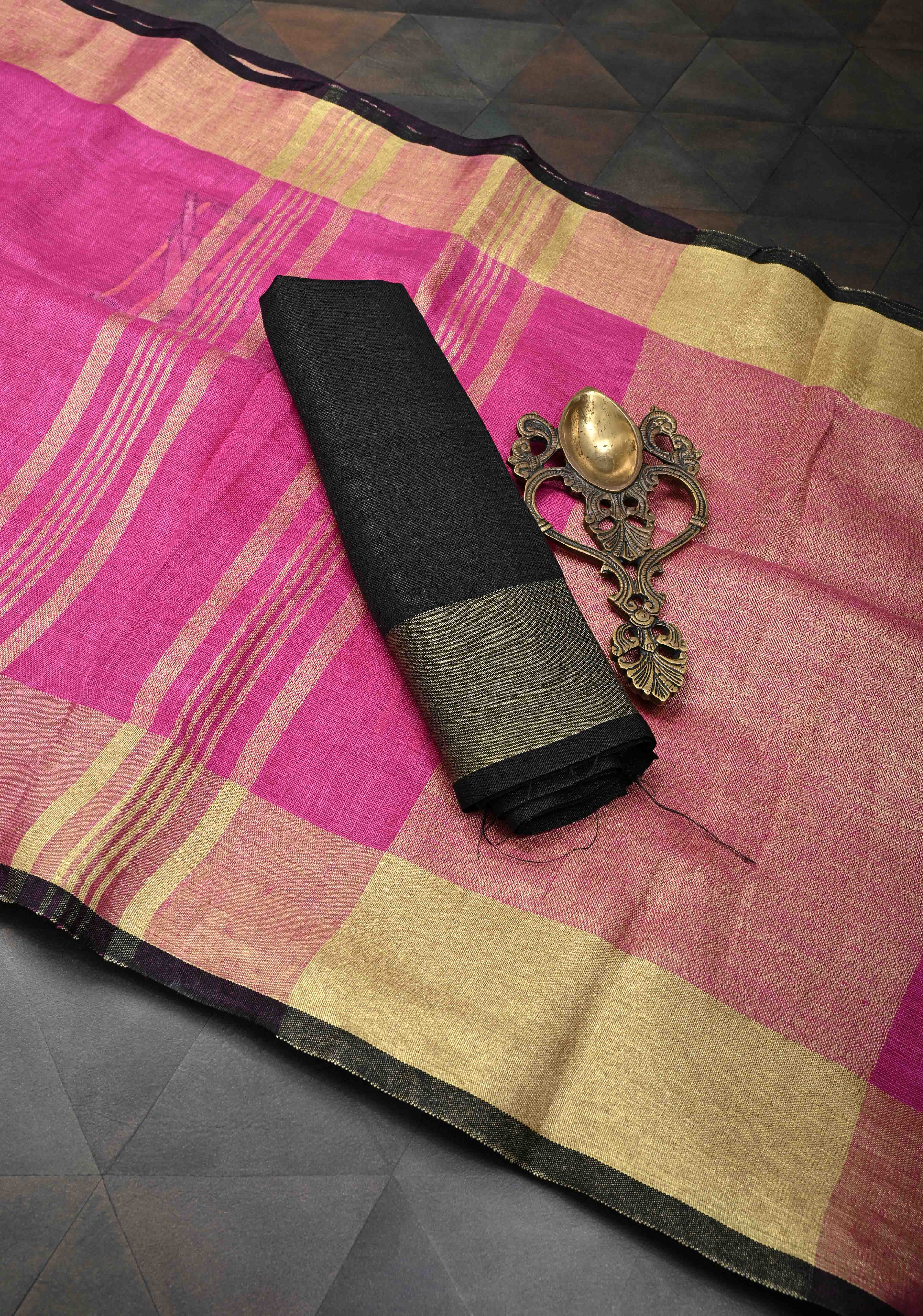Cricket Set Theme : Pink Pure Linen by Linen Saree with Embroidery and Zari Border | Shobitam