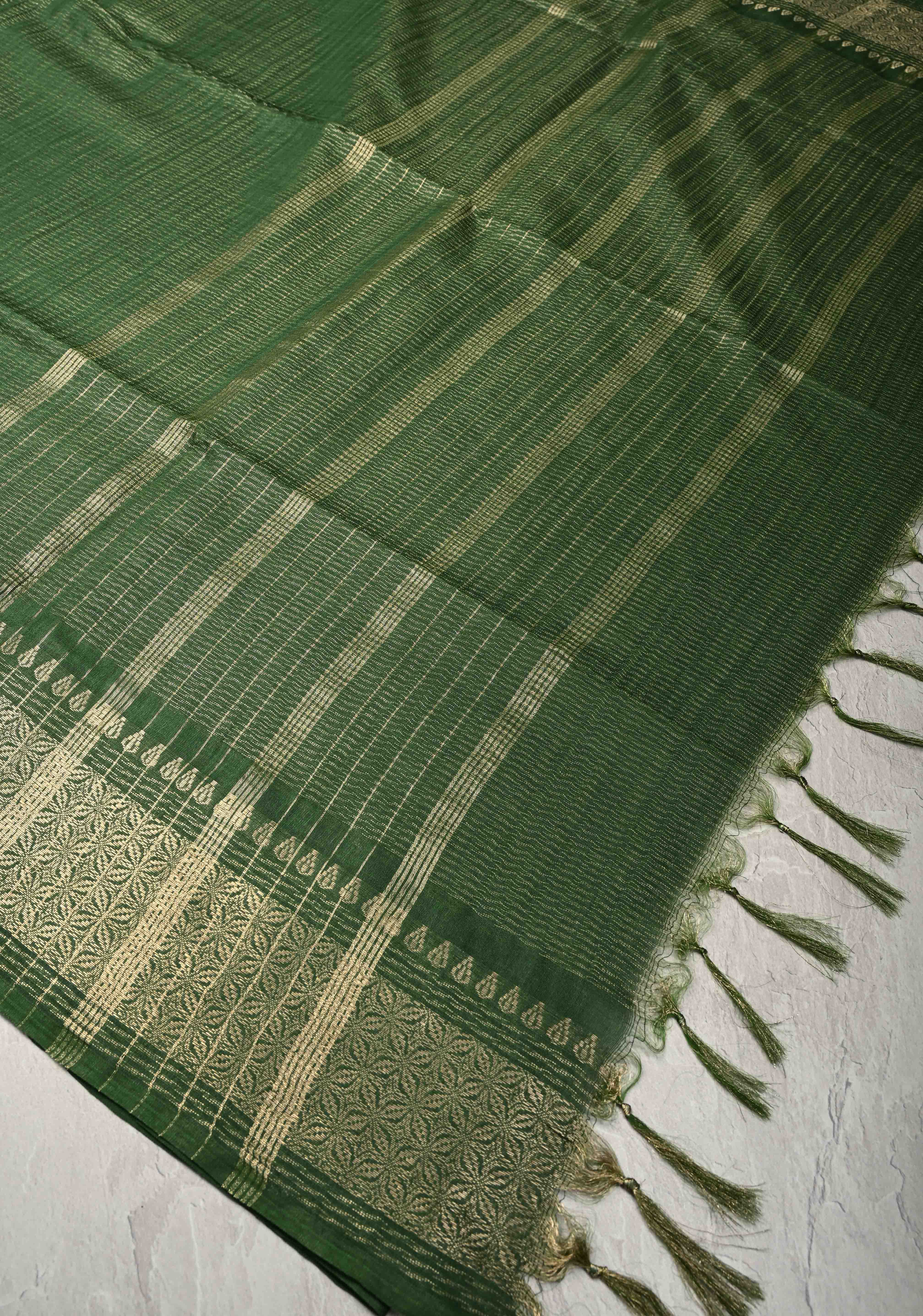 Forest Green Semi Tussar Tissue Saree with Zari Border | Shobitam