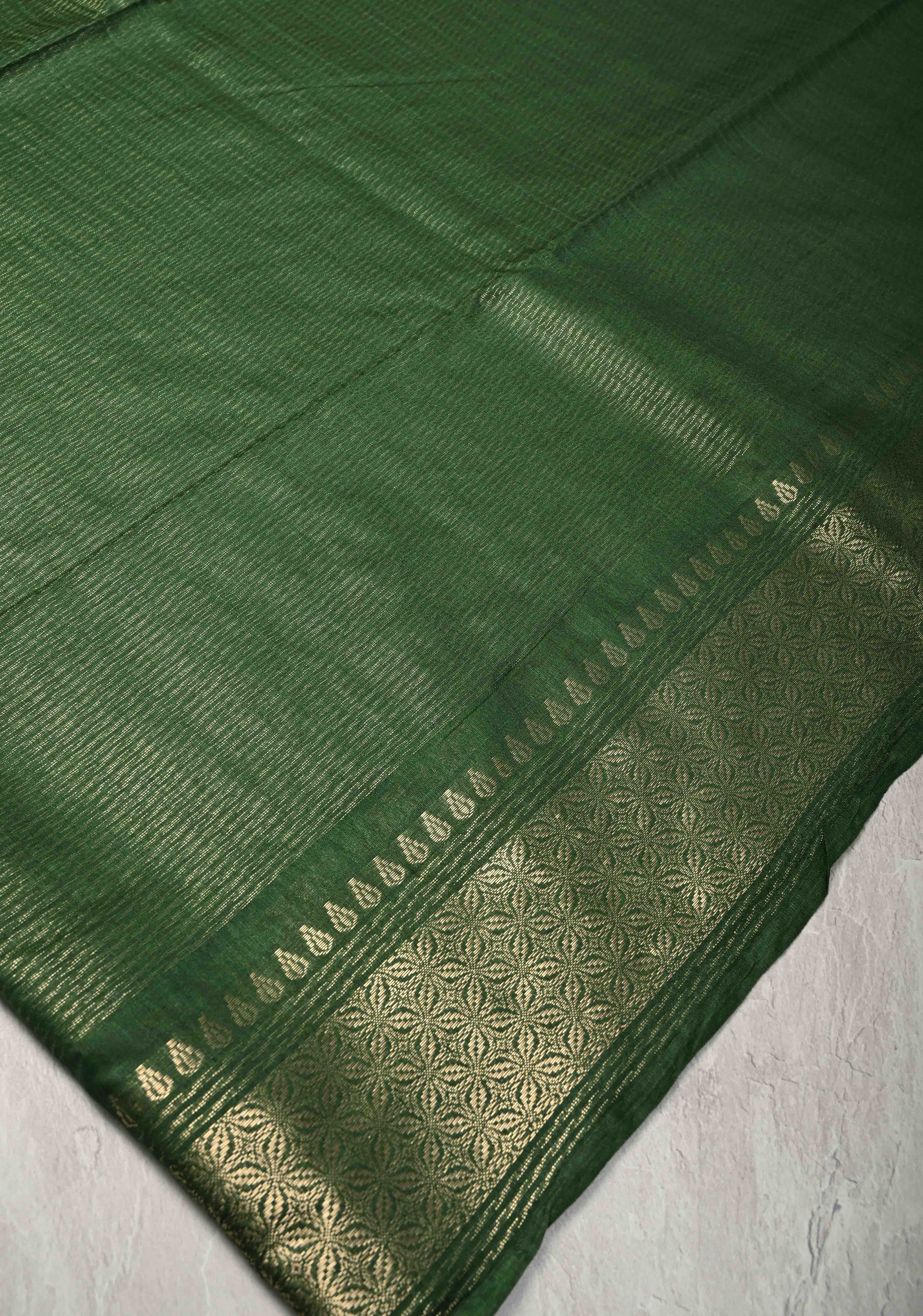 Forest Green Semi Tussar Tissue Saree with Zari Border | Shobitam