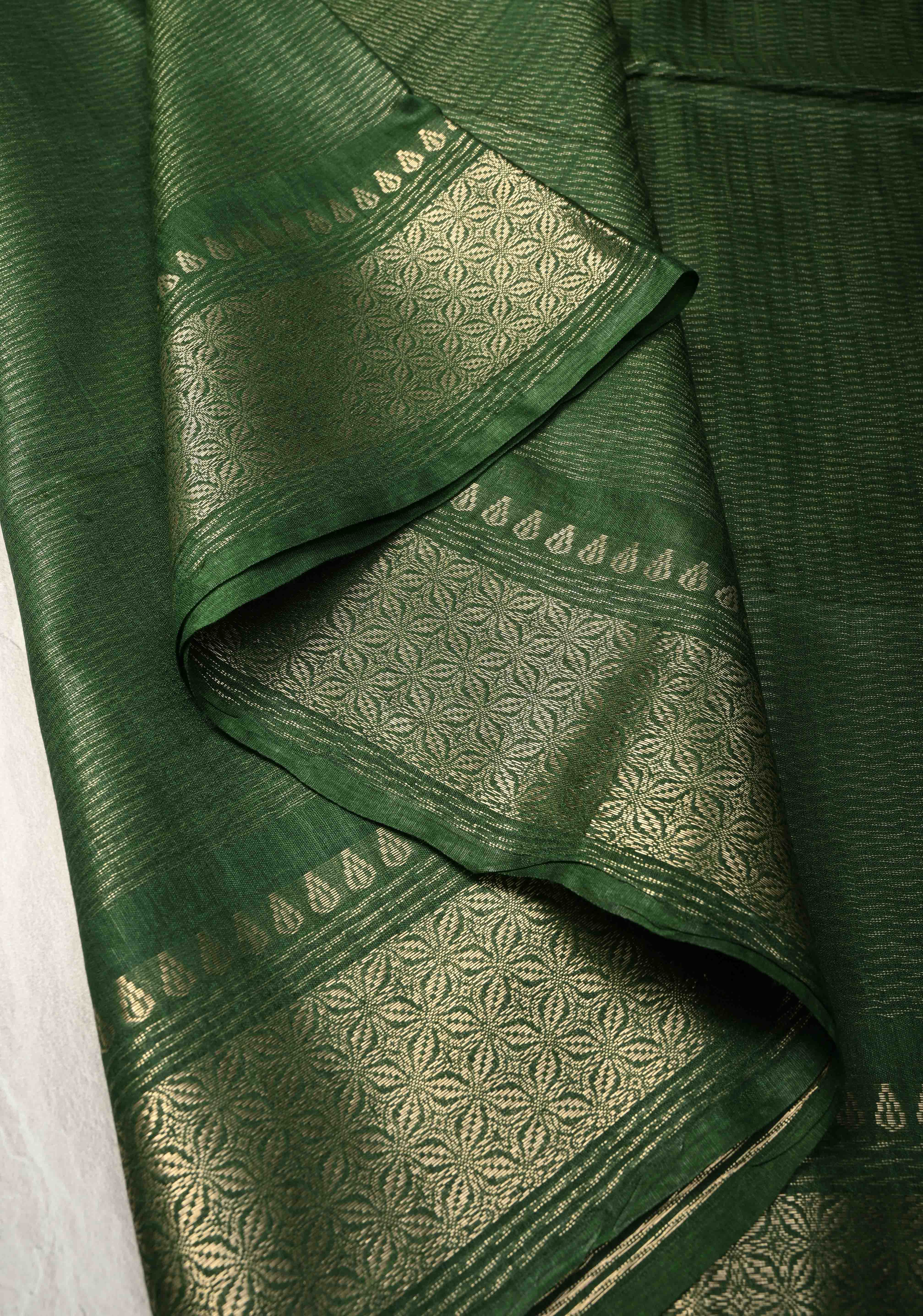 Forest Green Semi Tussar Tissue Saree with Zari Border | Shobitam