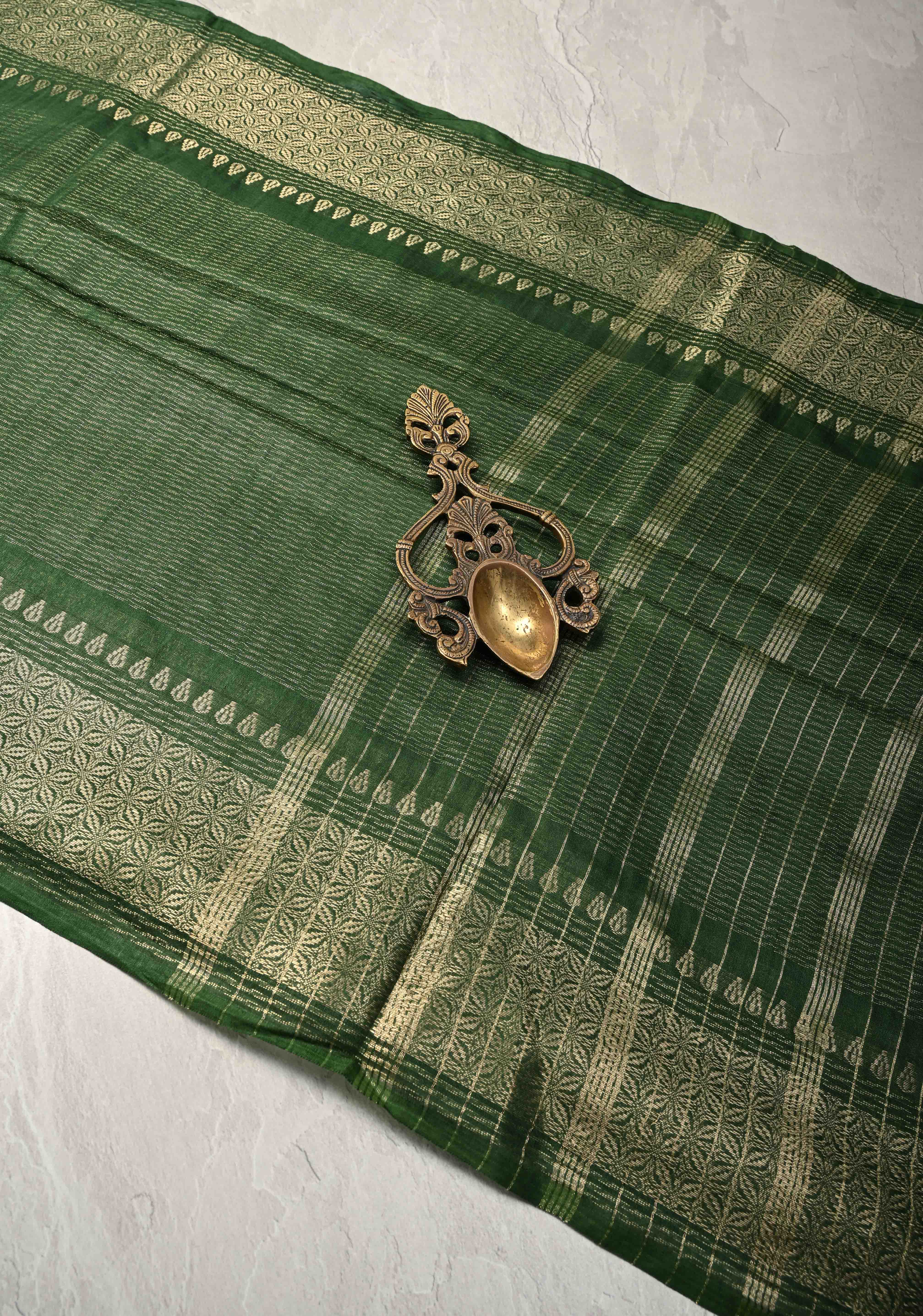 Forest Green Semi Tussar Tissue Saree with Zari Border | Shobitam