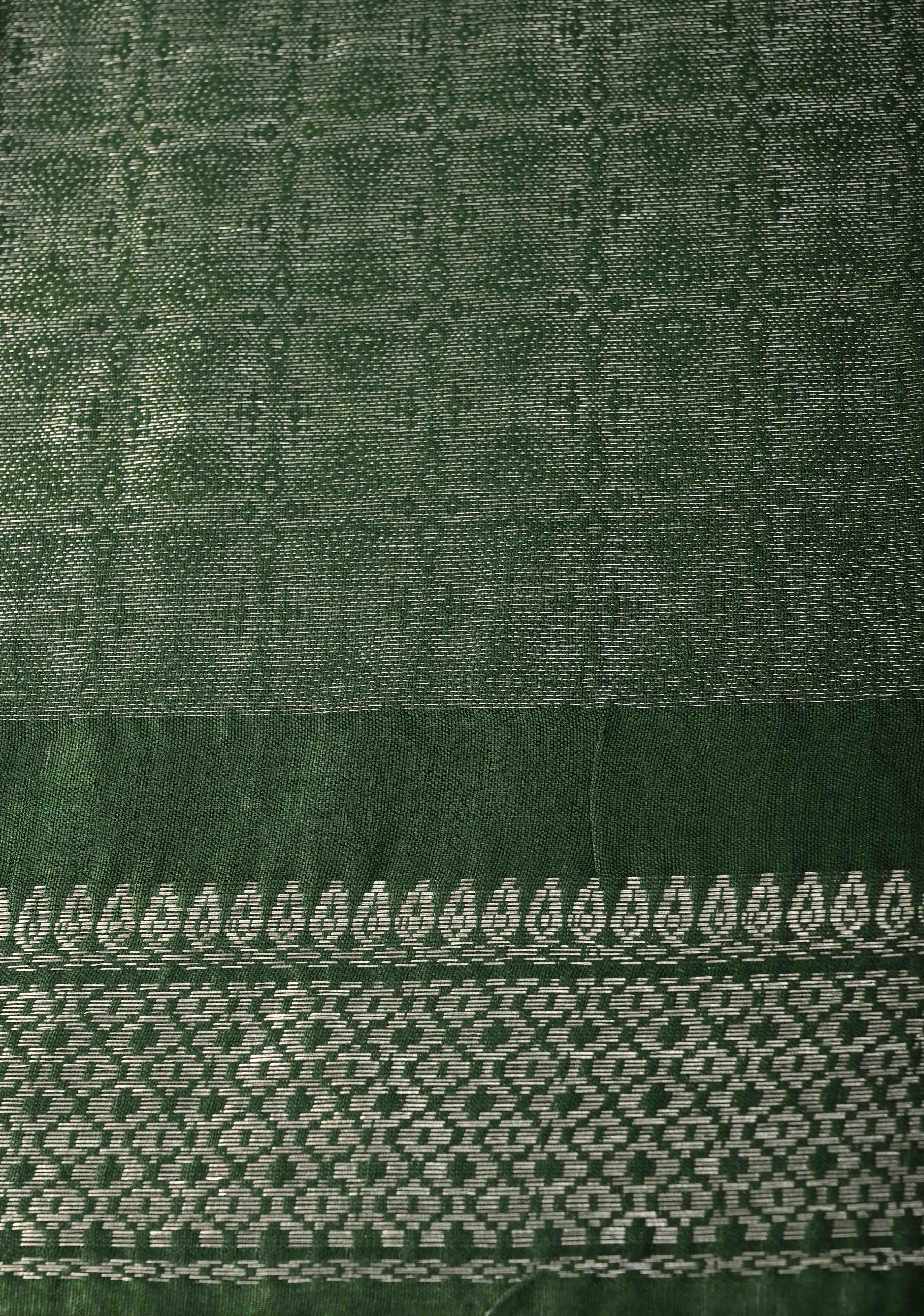 Dark Green Semi Tussar Tissue Saree with Zari Border | Shobitam