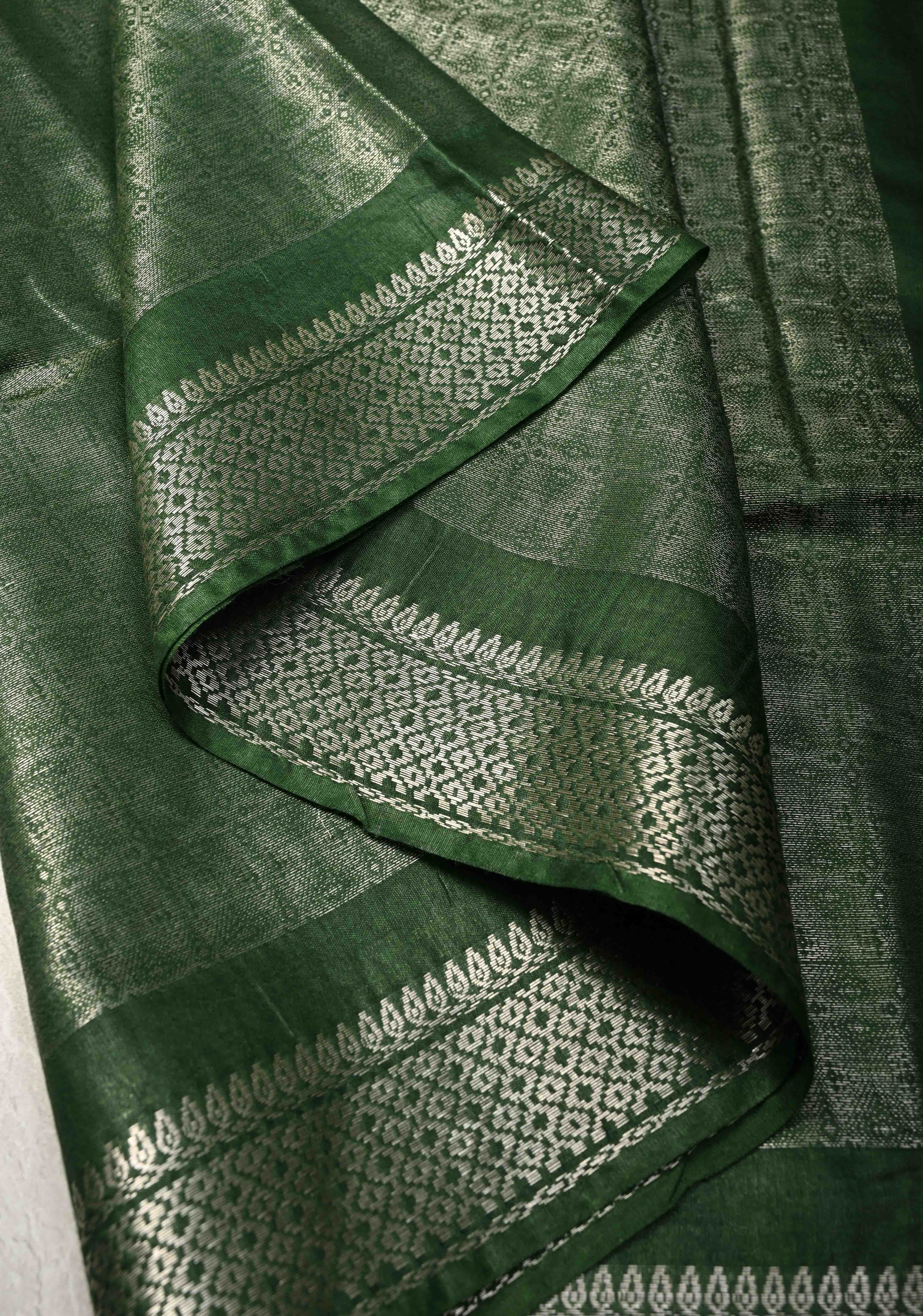 Dark Green Semi Tussar Tissue Saree with Zari Border | Shobitam