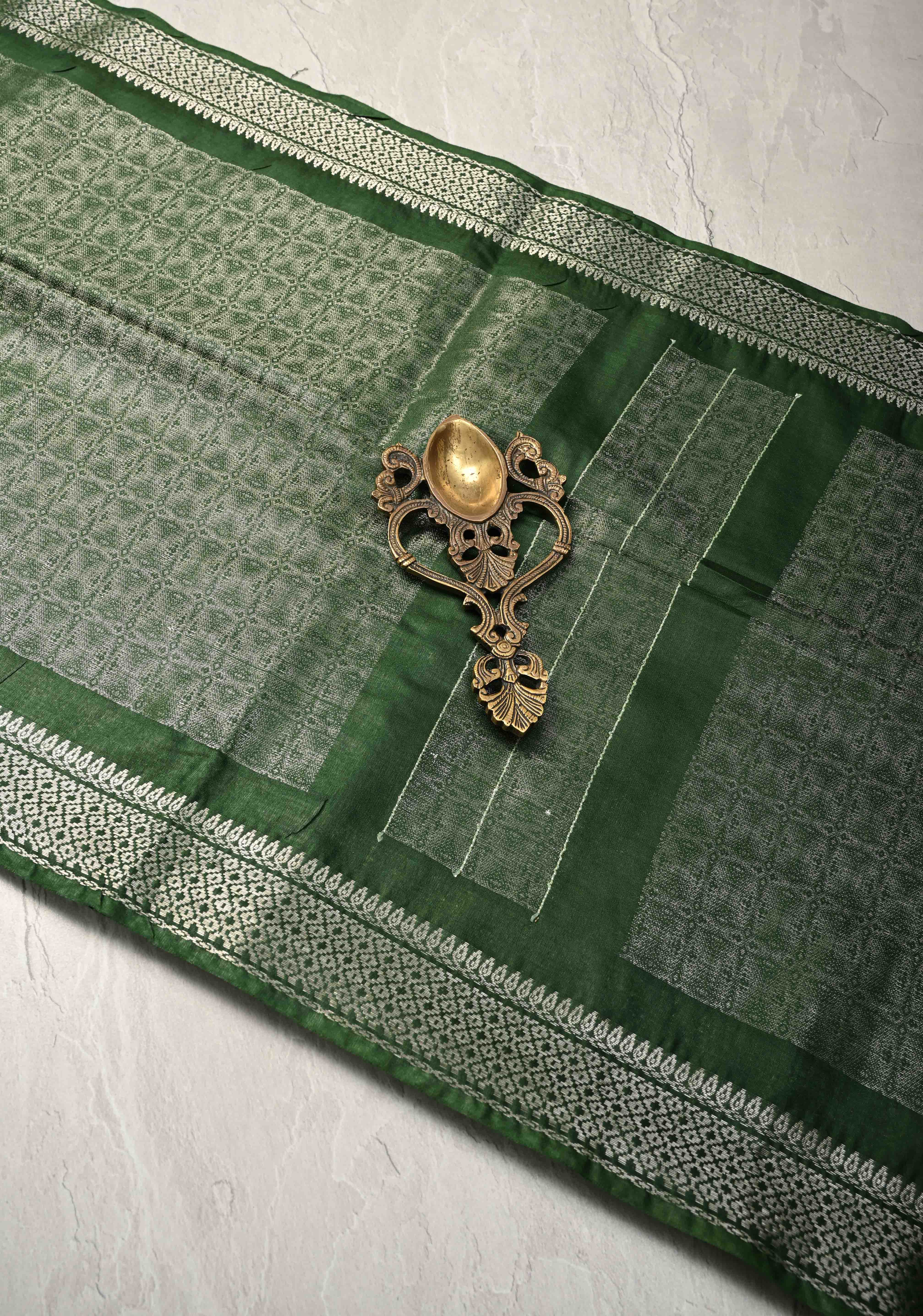 Dark Green Semi Tussar Tissue Saree with Zari Border | Shobitam