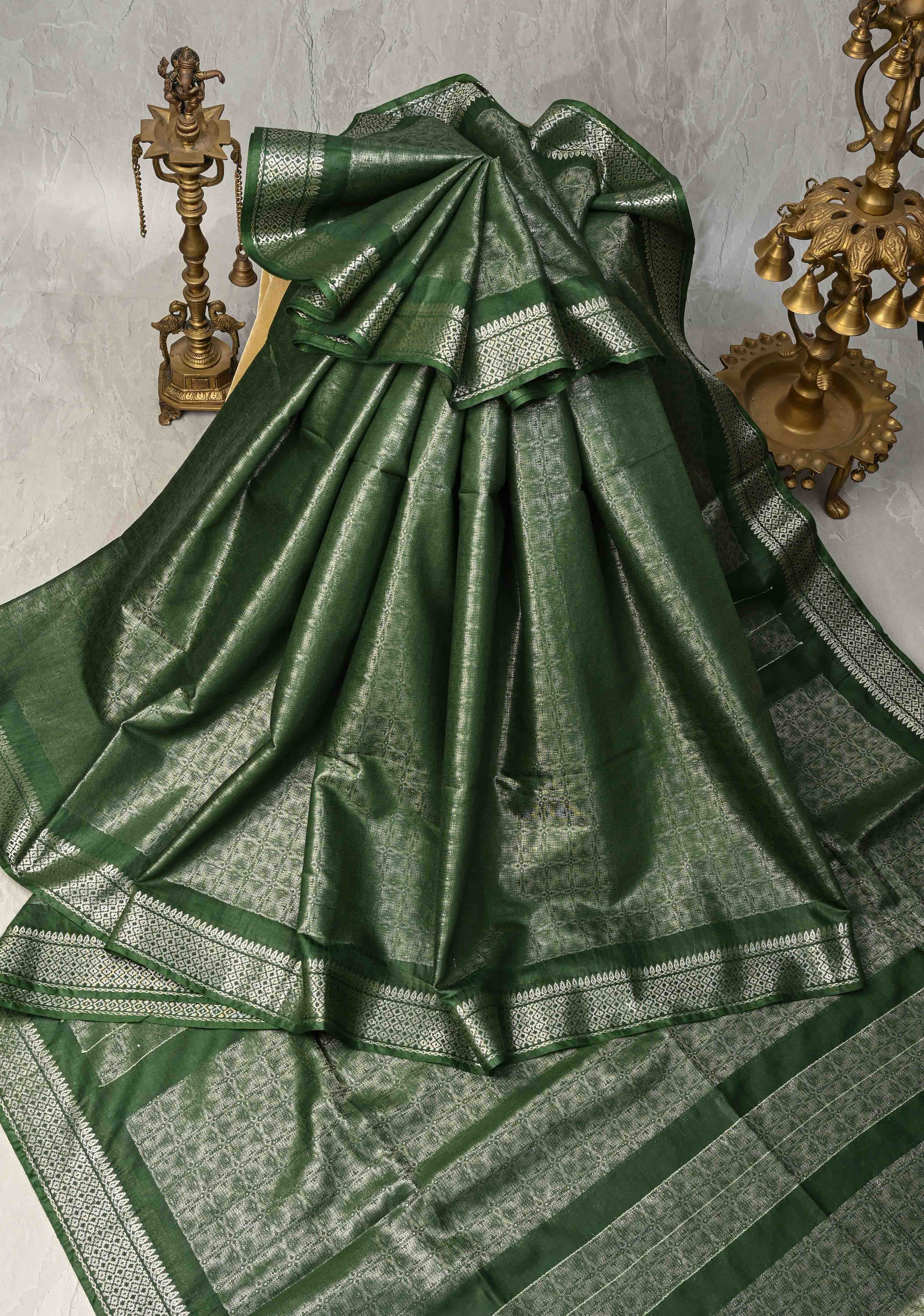 Dark Green Semi Tussar Tissue Saree with Zari Border | Shobitam