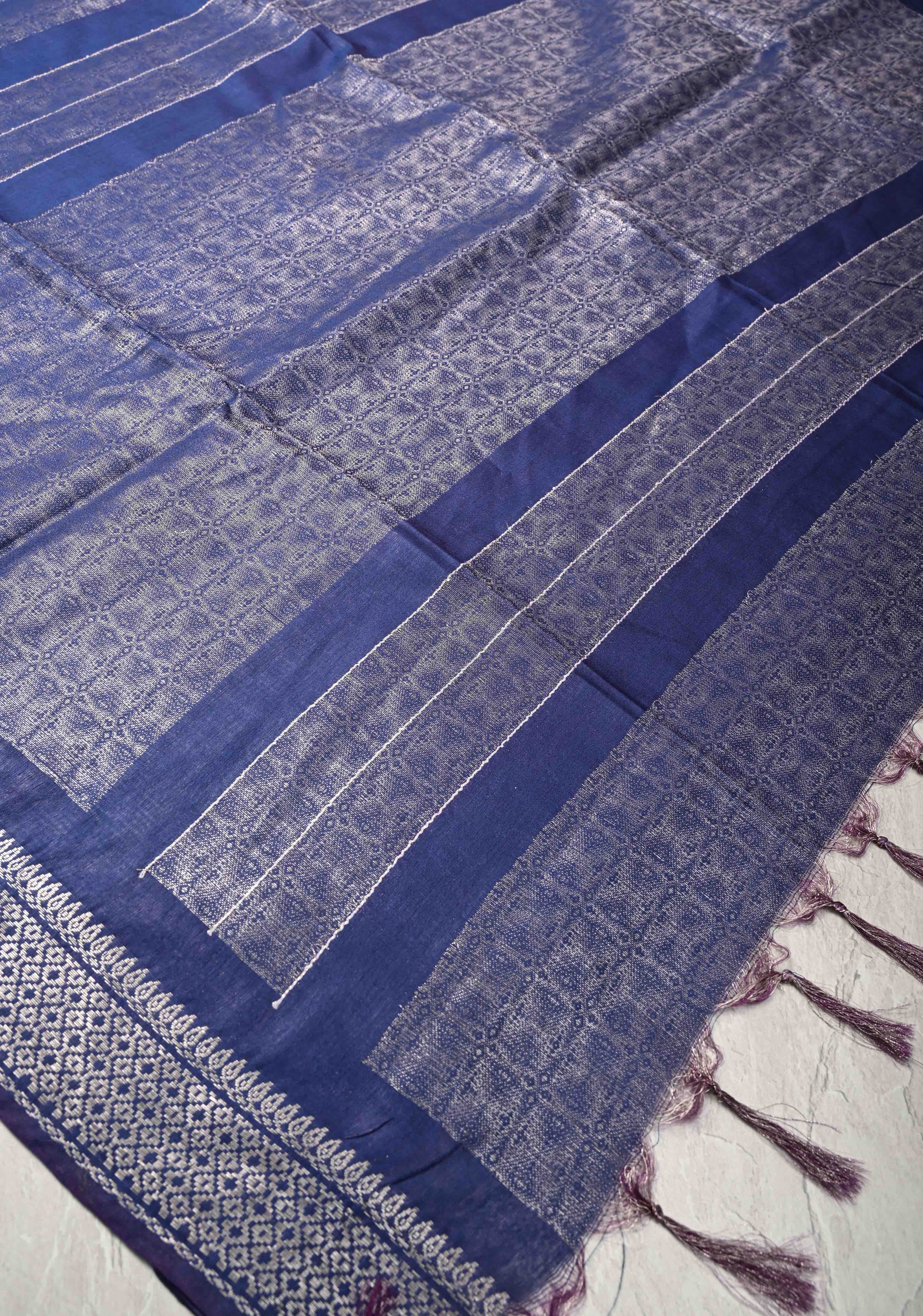 Navy Blue Semi Tussar Silver Tissue Saree with Zari Border | Shobitam